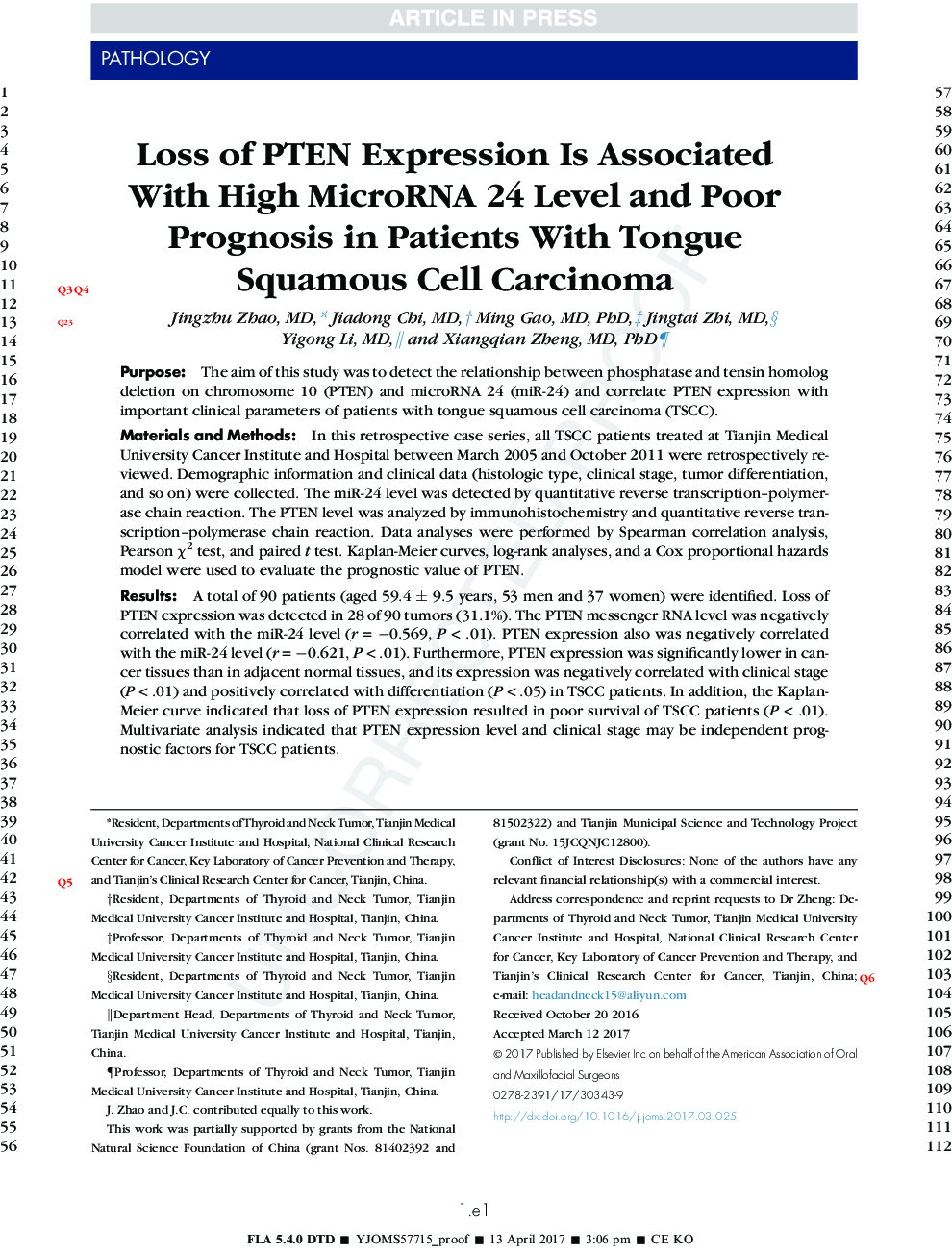 Loss of PTEN Expression Is Associated With High MicroRNA 24 Level and Poor Prognosis in Patients With Tongue Squamous Cell Carcinoma