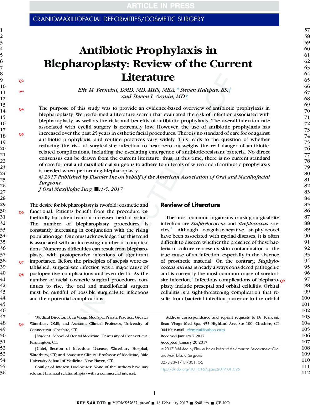 Antibiotic Prophylaxis in Blepharoplasty: Review of the Current Literature