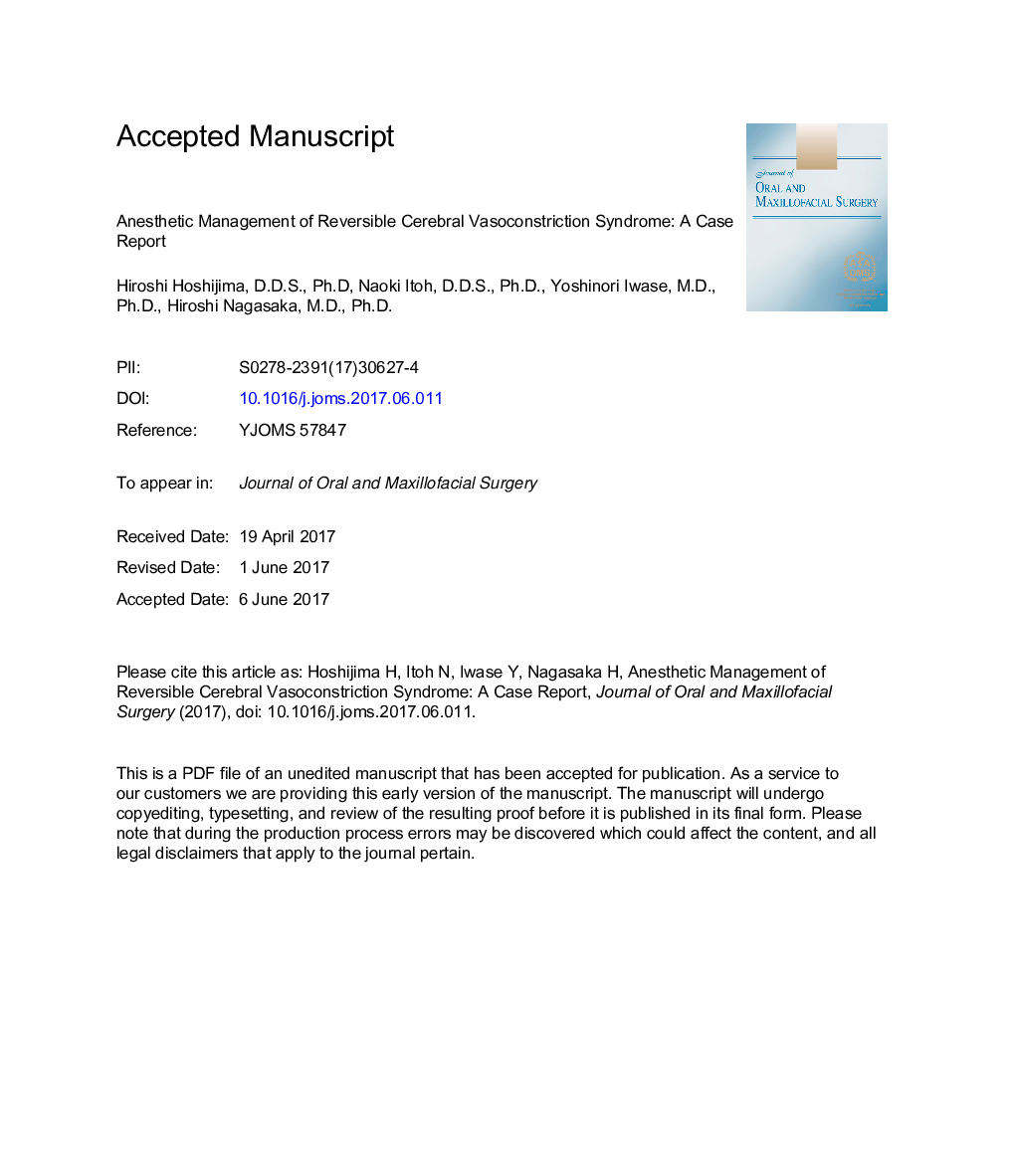 Anesthetic Management of Reversible Cerebral Vasoconstriction Syndrome: A Case Report