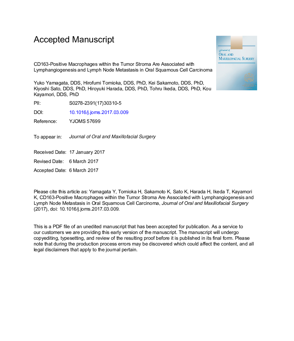 CD163-Positive Macrophages Within the Tumor Stroma Are Associated With Lymphangiogenesis and Lymph Node Metastasis in Oral Squamous Cell Carcinoma