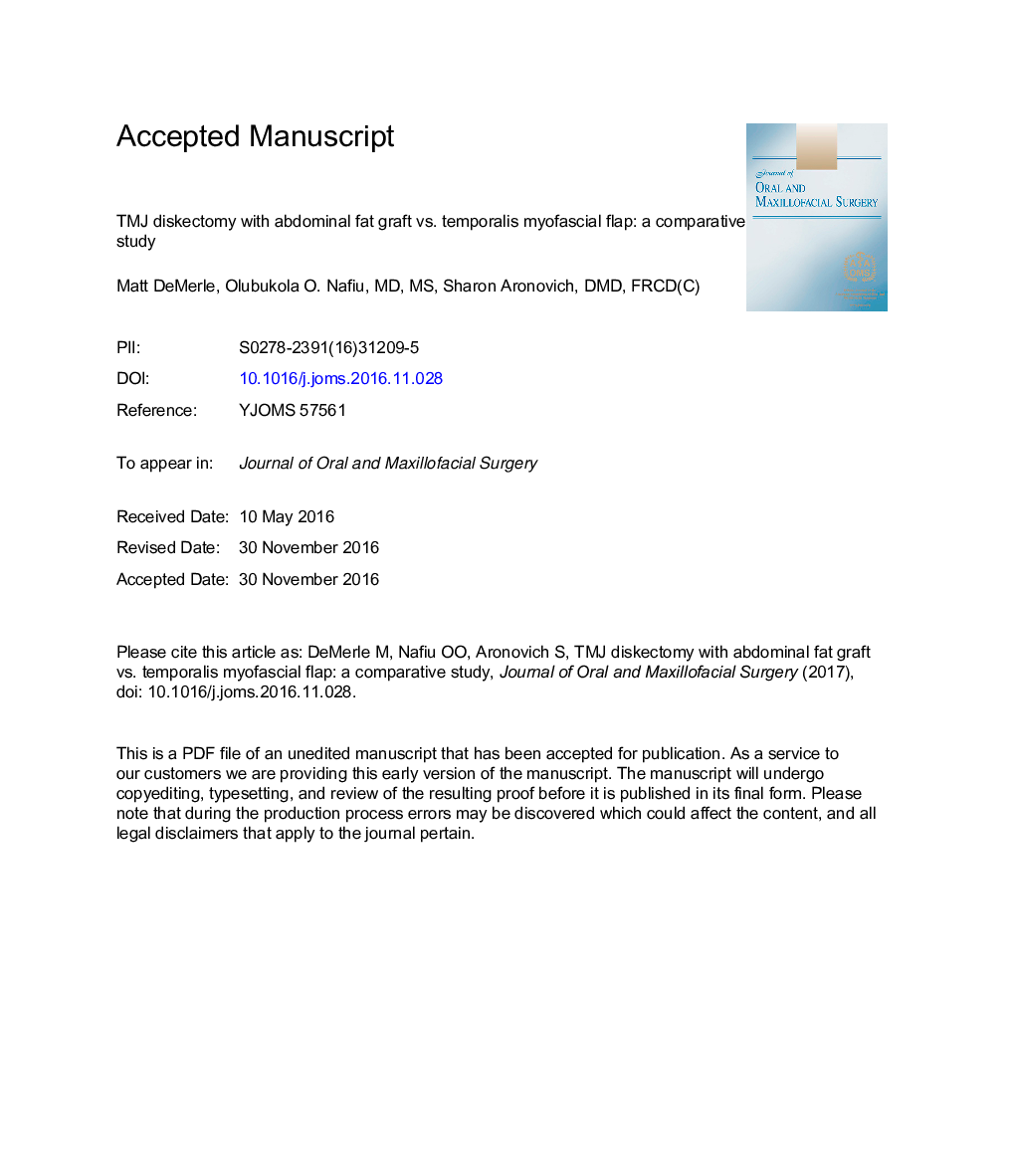 Temporomandibular Joint Discectomy With Abdominal Fat Graft Versus Temporalis Myofascial Flap: AÂ Comparative Study