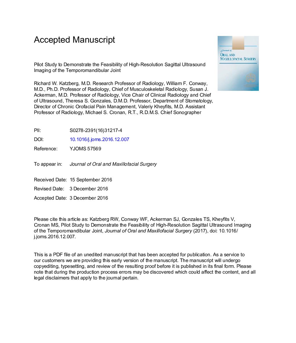 Pilot Study to Show the Feasibility of High-Resolution Sagittal Ultrasound Imaging of the Temporomandibular Joint