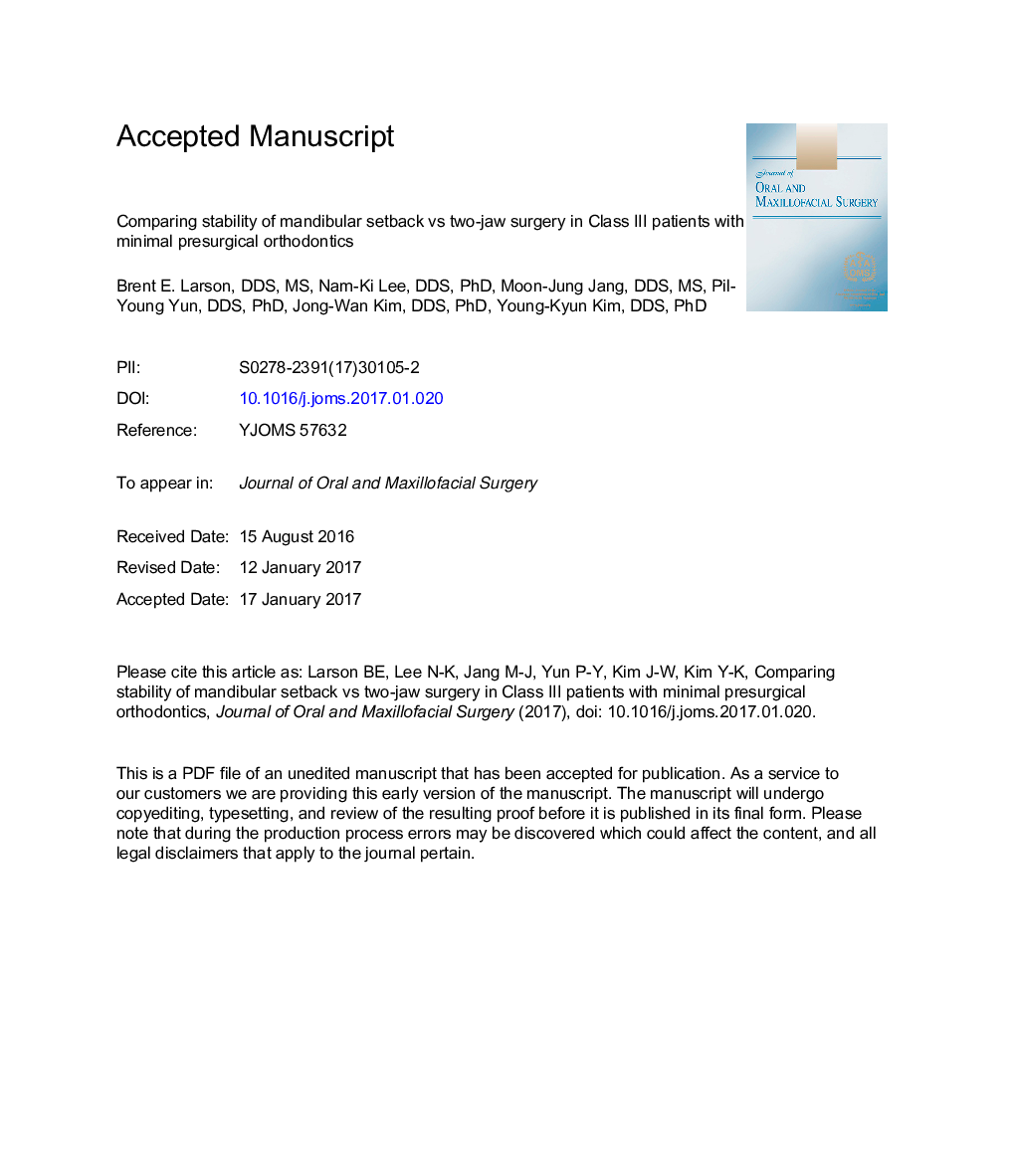 Comparing Stability of Mandibular Setback Versus 2-Jaw Surgery in Class III Patients With Minimal Presurgical Orthodontics