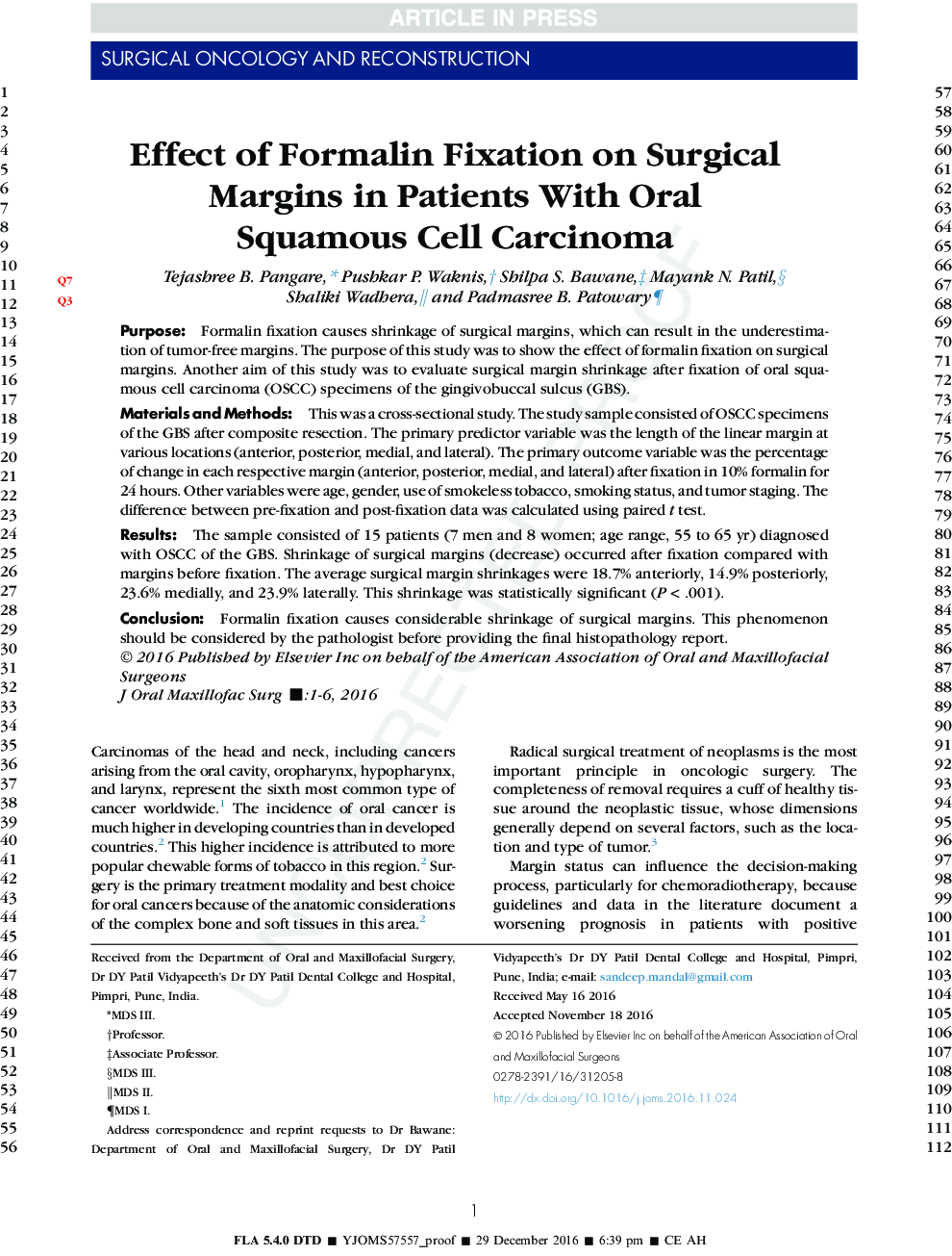 Effect of Formalin Fixation on Surgical Margins in Patients With Oral Squamous Cell Carcinoma