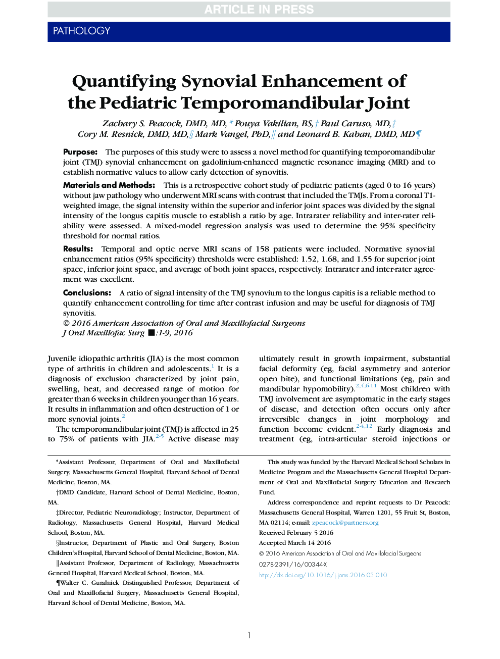 Quantifying Synovial Enhancement of the Pediatric Temporomandibular Joint