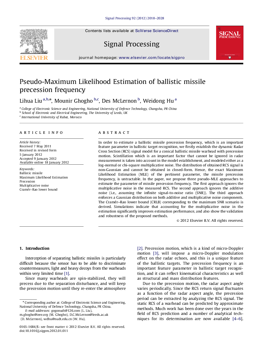 Pseudo-Maximum Likelihood Estimation of ballistic missile precession frequency