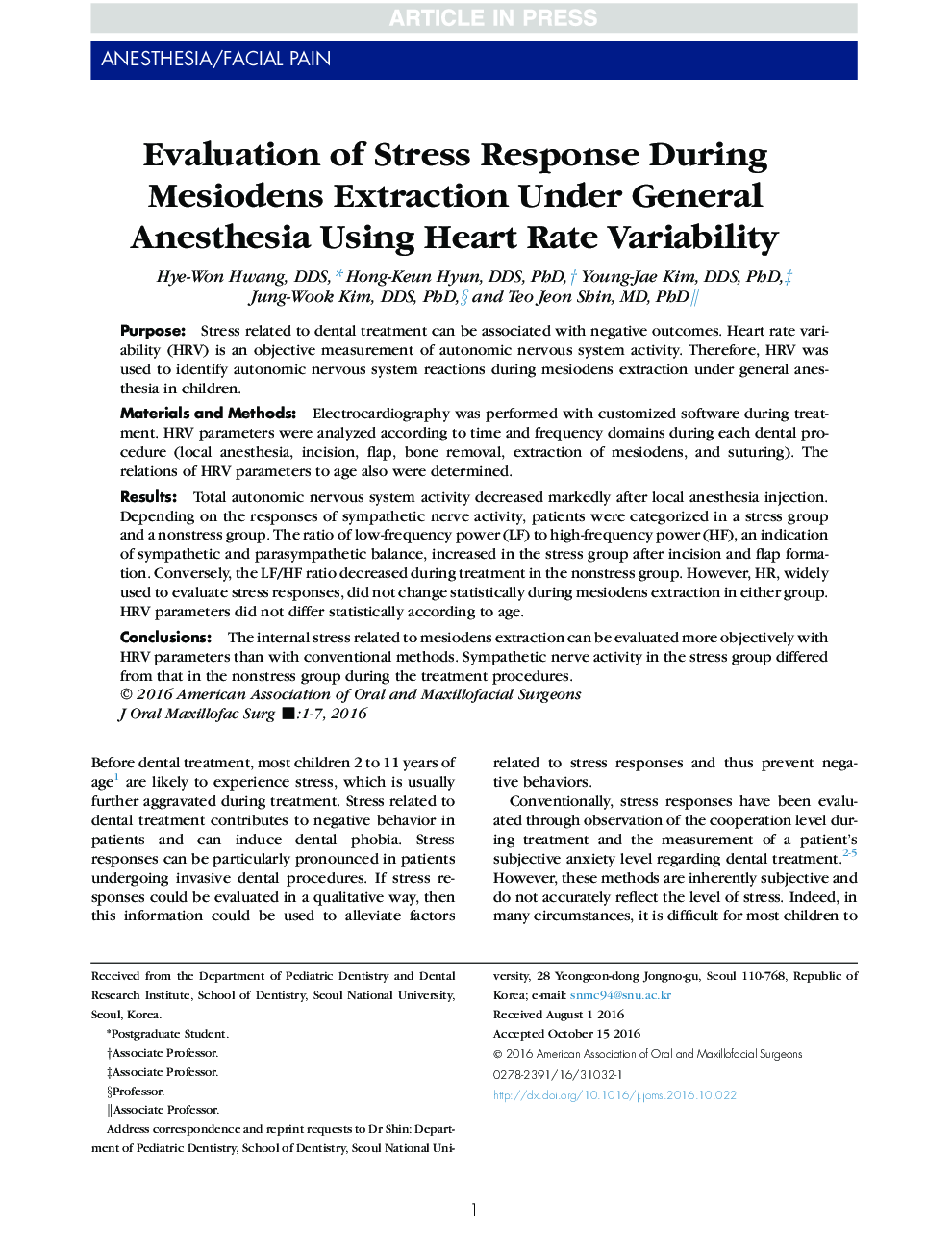 Evaluation of Stress Response During Mesiodens Extraction Under General Anesthesia Using Heart Rate Variability
