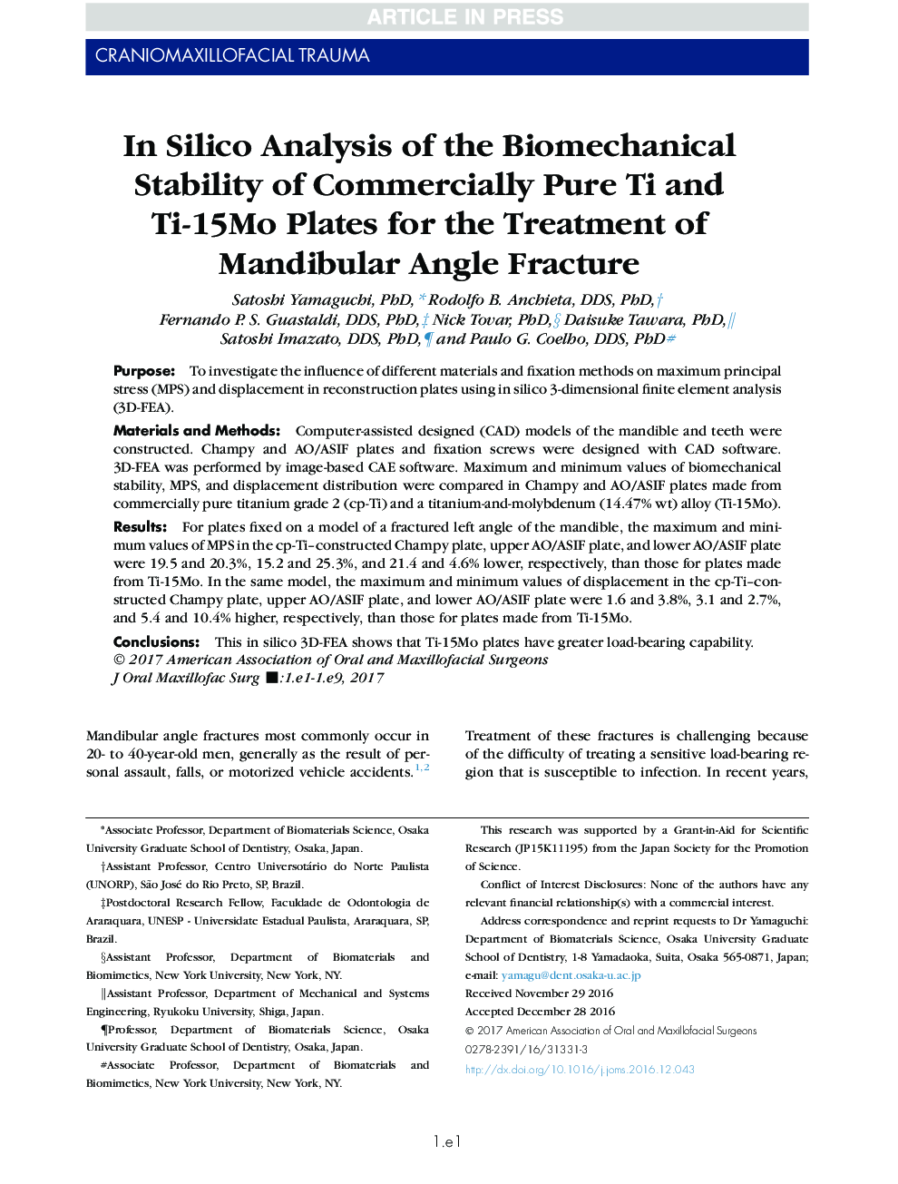 In Silico Analysis of the Biomechanical Stability of Commercially Pure Ti and Ti-15Mo Plates for the Treatment of Mandibular Angle Fracture