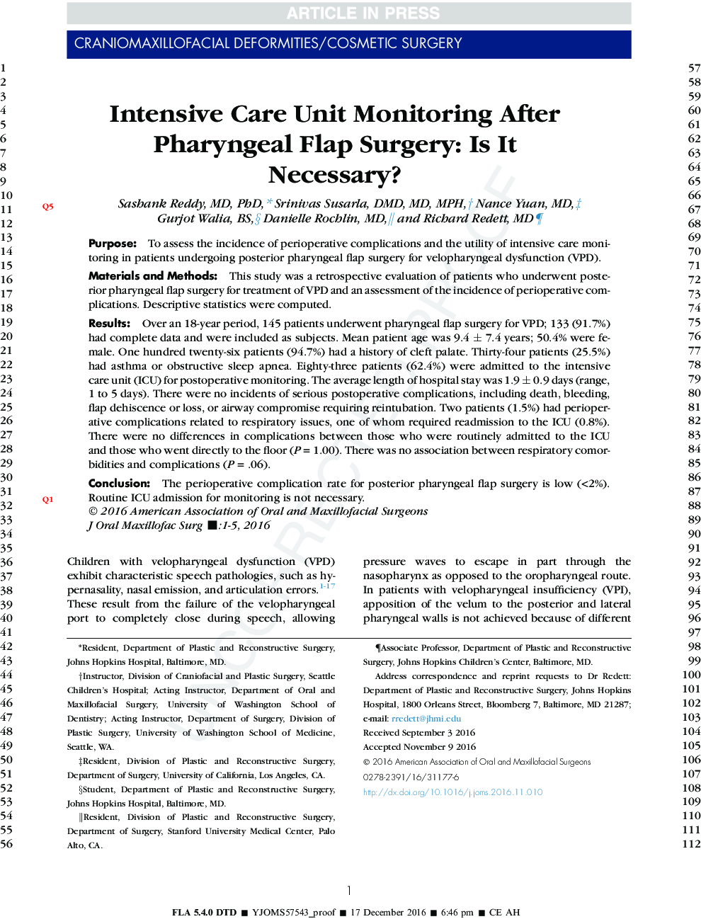 Intensive Care Unit Monitoring After Pharyngeal Flap Surgery: Is It Necessary?