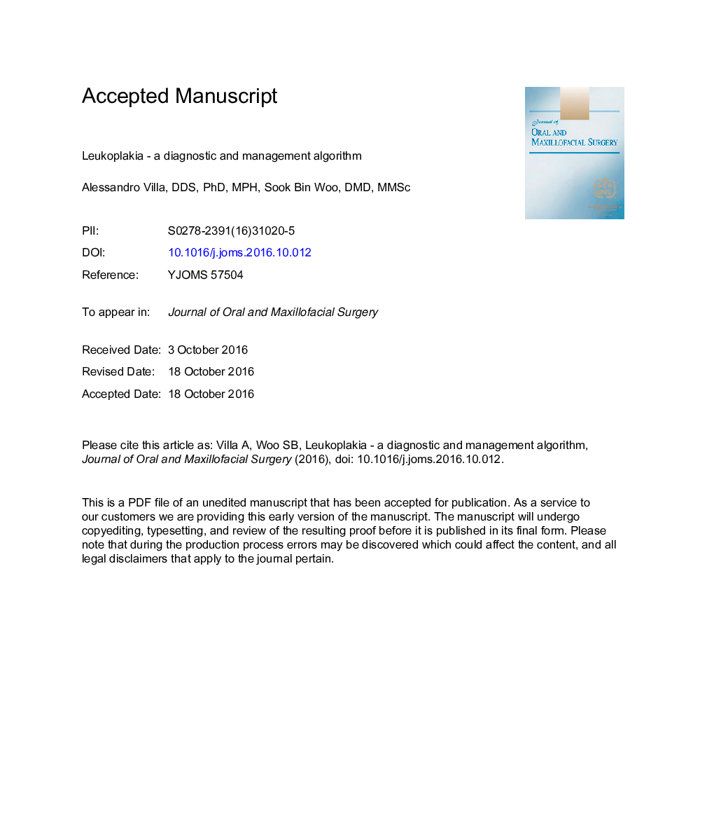 Leukoplakia-A Diagnostic and Management Algorithm