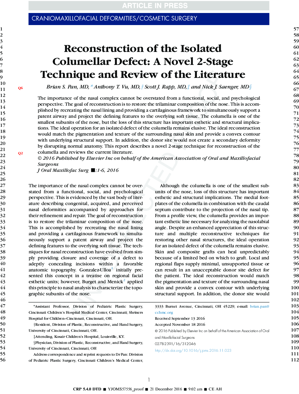 Reconstruction of the Isolated Columellar Defect: A Novel 2-Stage Technique and Review of the Literature