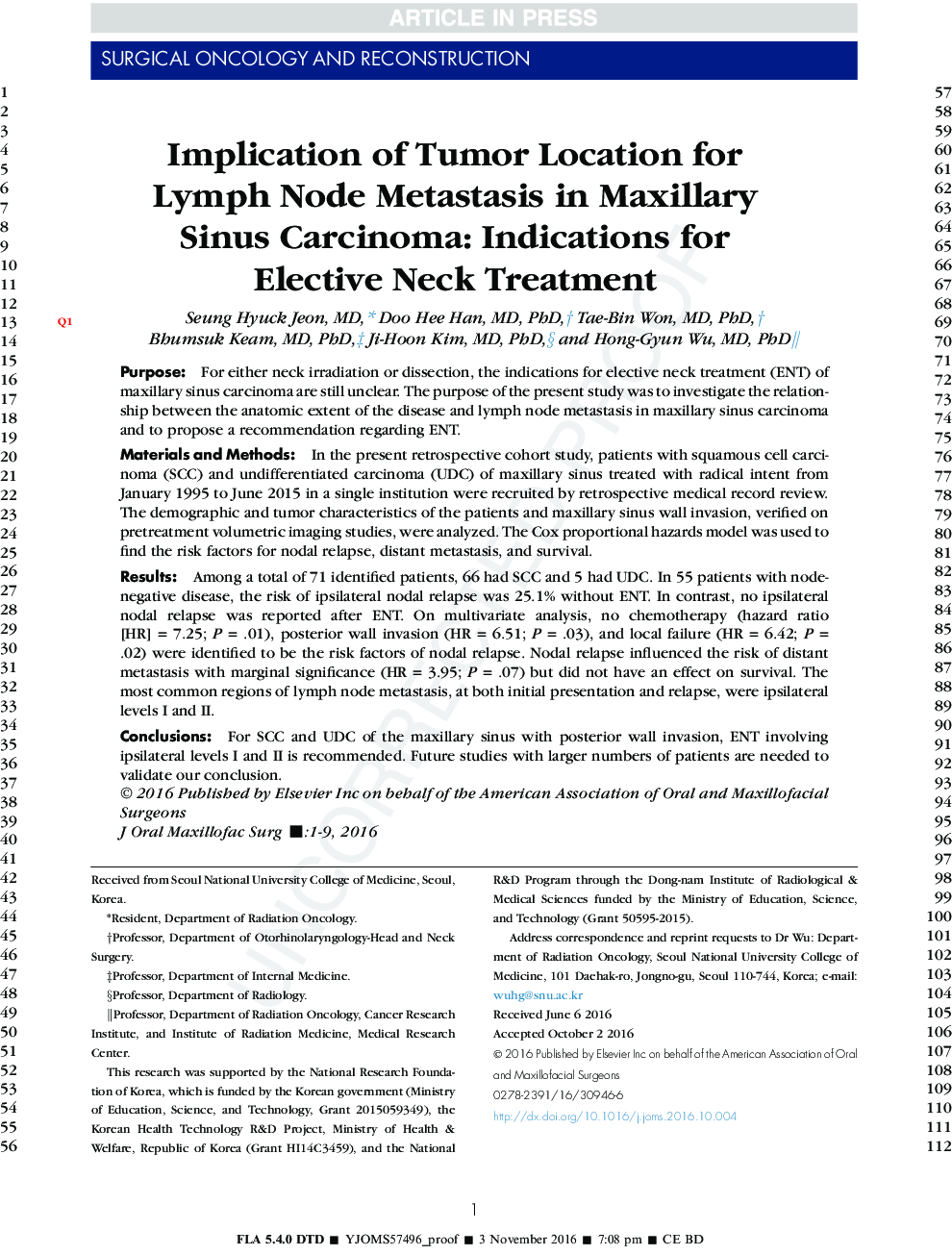 Implication of Tumor Location for Lymph Node Metastasis in Maxillary Sinus Carcinoma: Indications for Elective Neck Treatment