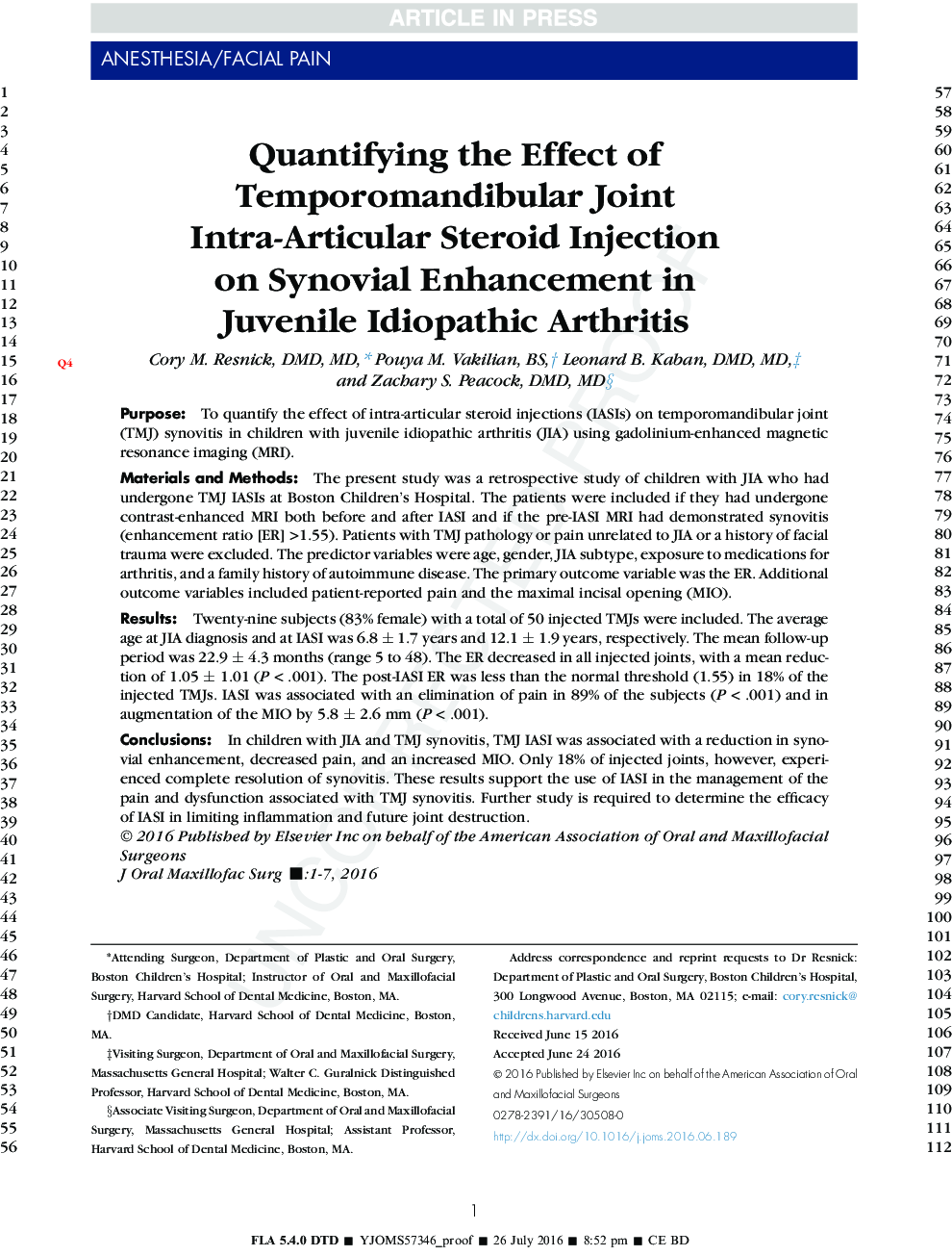 Quantifying the Effect of Temporomandibular Joint Intra-Articular Steroid Injection on Synovial Enhancement in Juvenile Idiopathic Arthritis