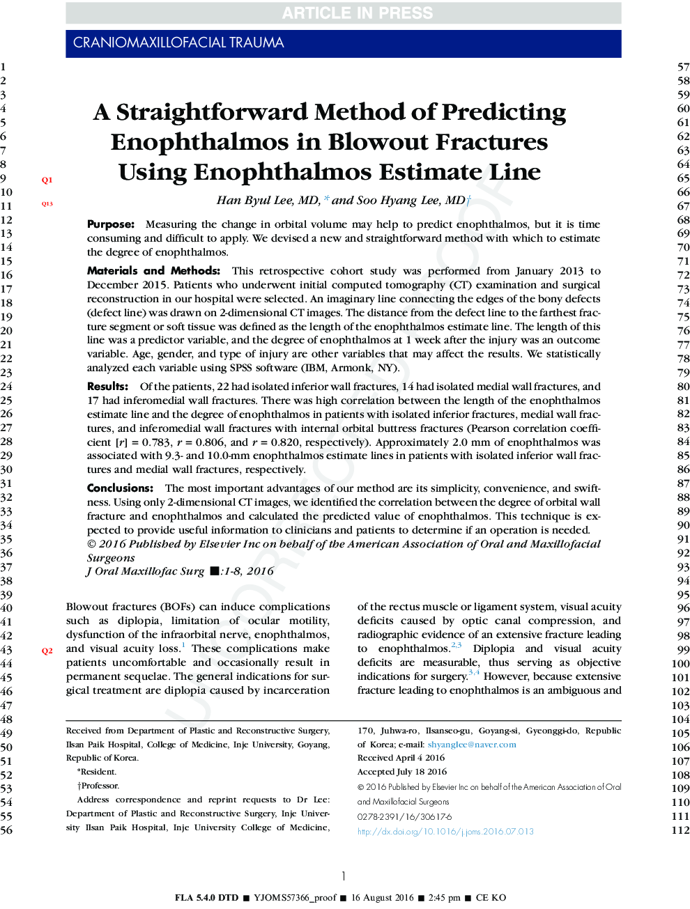 A Straightforward Method of Predicting Enophthalmos in Blowout Fractures Using Enophthalmos Estimate Line