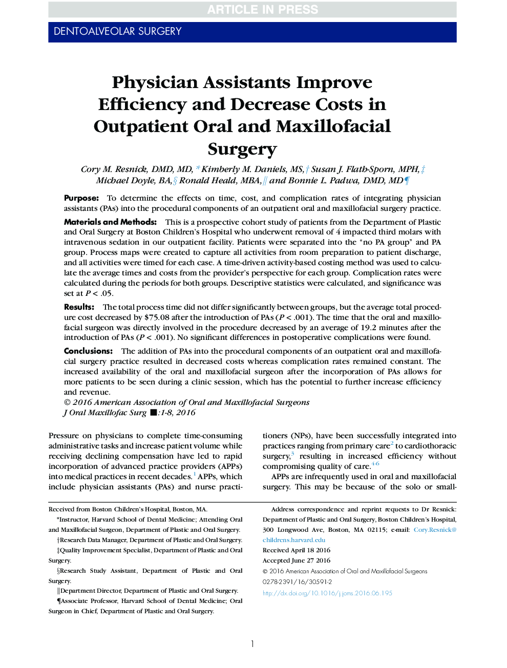 Physician Assistants Improve Efficiency and Decrease Costs in Outpatient Oral and Maxillofacial Surgery
