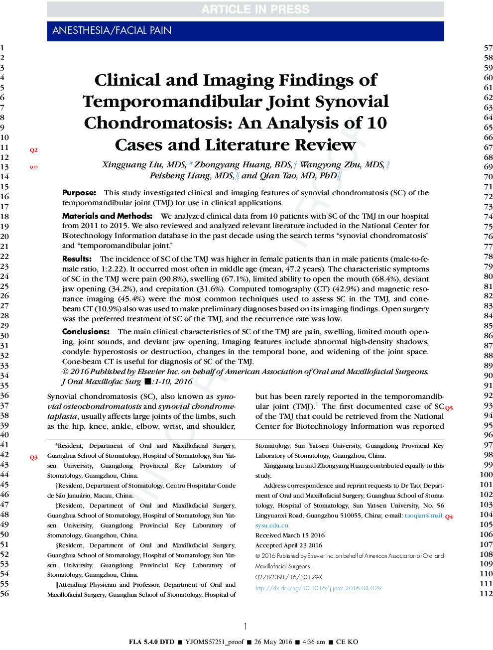 Clinical and Imaging Findings of Temporomandibular Joint Synovial Chondromatosis: An Analysis of 10 Cases and Literature Review