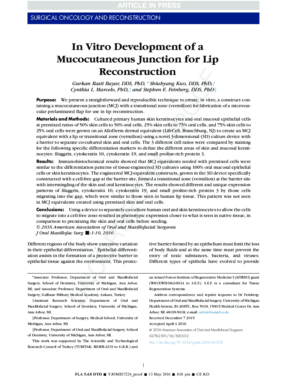 InÂ Vitro Development of a Mucocutaneous Junction for Lip Reconstruction