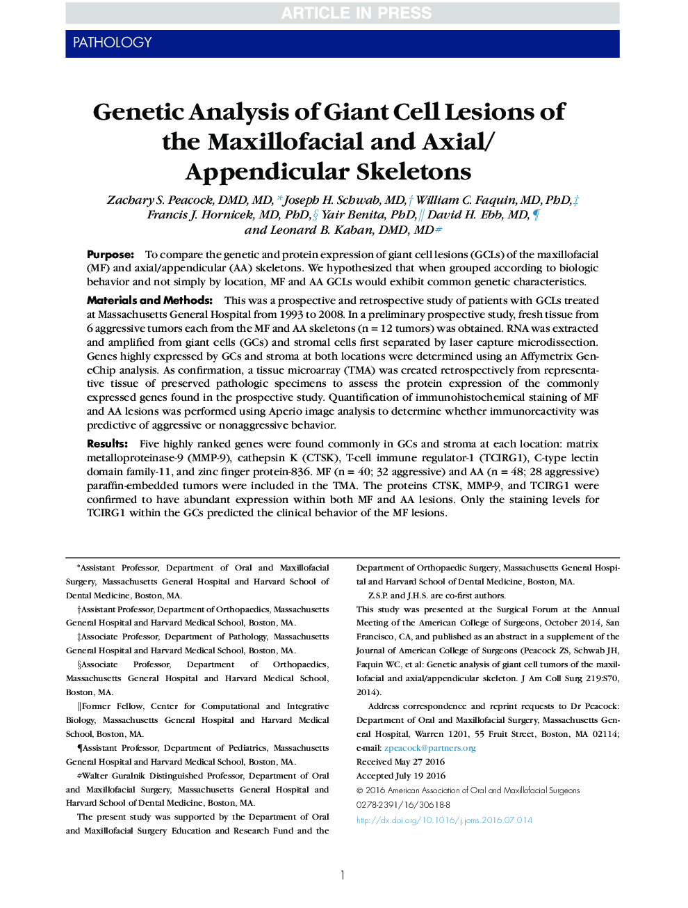 Genetic Analysis of Giant Cell Lesions of the Maxillofacial and Axial/Appendicular Skeletons