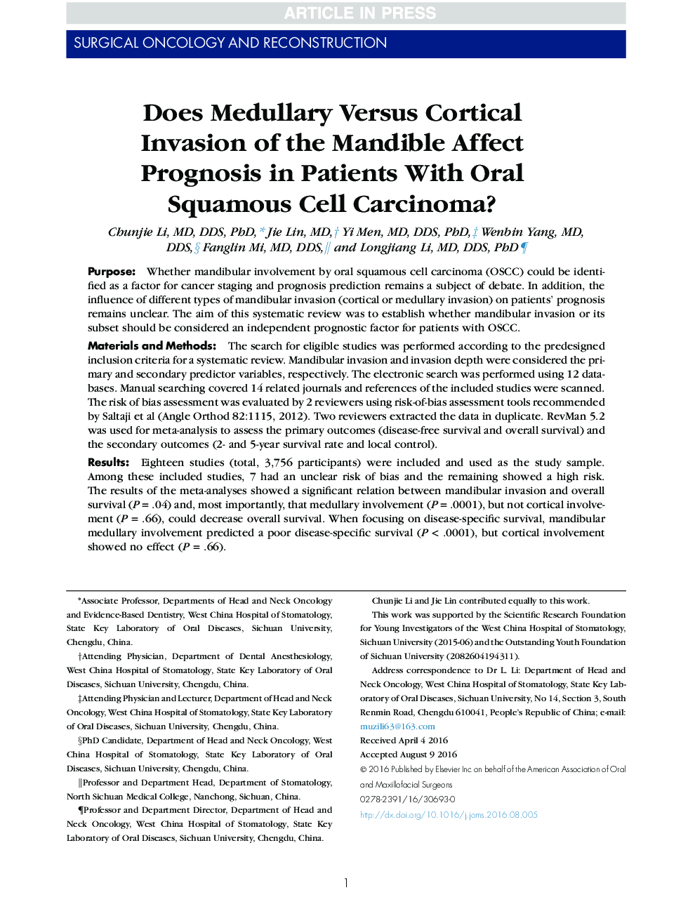 Does Medullary Versus Cortical Invasion of the Mandible Affect Prognosis in Patients With Oral Squamous Cell Carcinoma?