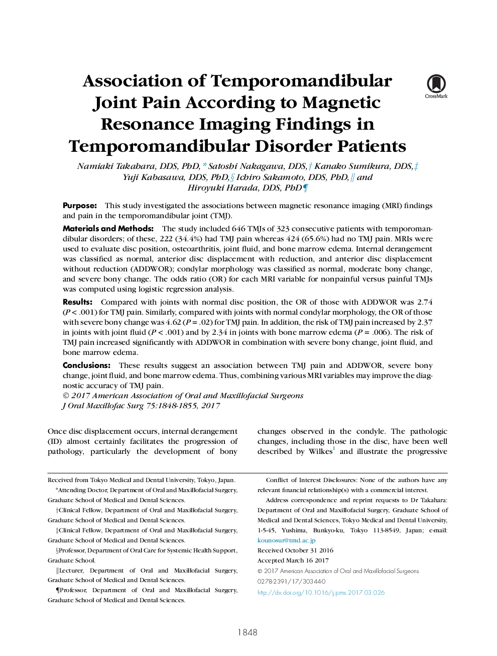 Association of Temporomandibular Joint Pain According to Magnetic Resonance Imaging Findings in Temporomandibular Disorder Patients