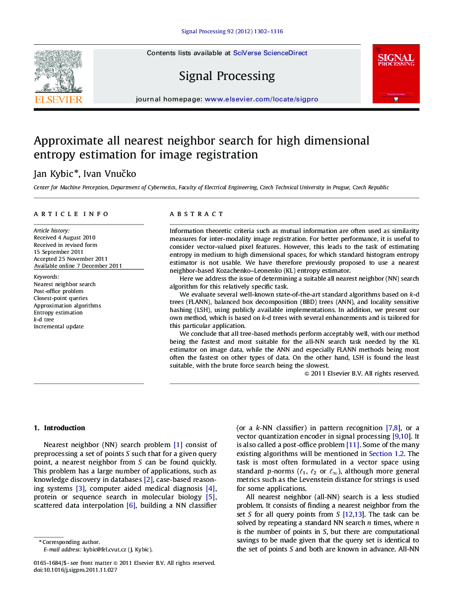 Approximate all nearest neighbor search for high dimensional entropy estimation for image registration