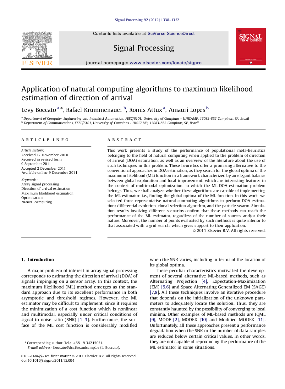 Application of natural computing algorithms to maximum likelihood estimation of direction of arrival