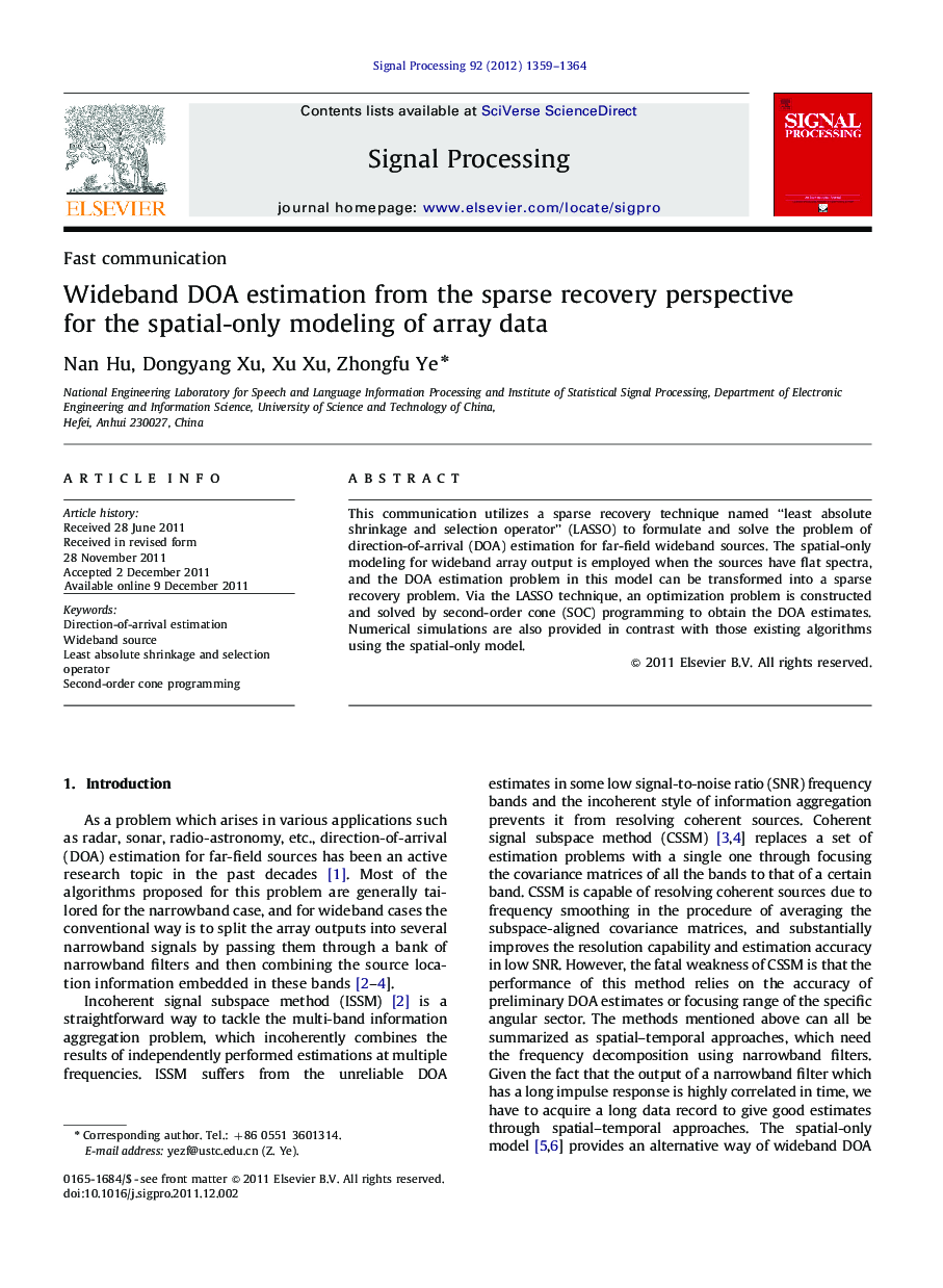 Wideband DOA estimation from the sparse recovery perspective for the spatial-only modeling of array data