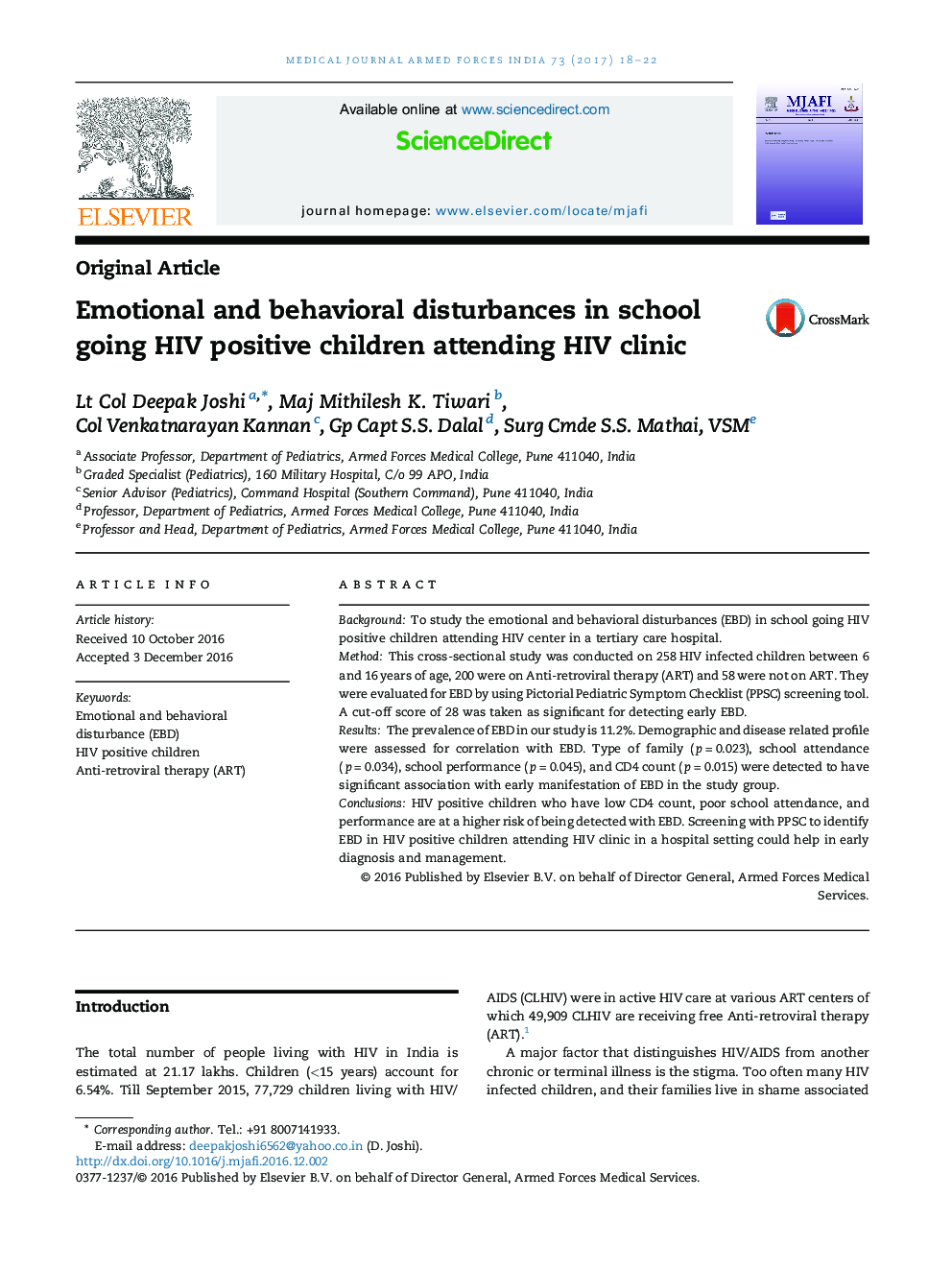 Emotional and behavioral disturbances in school going HIV positive children attending HIV clinic