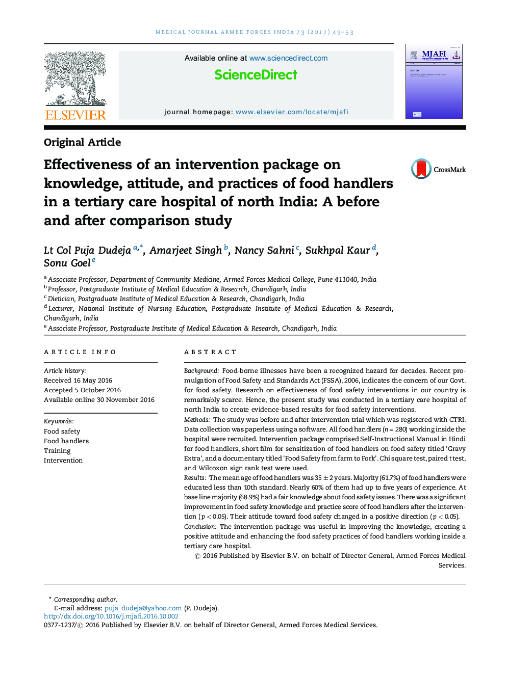 Effectiveness of an intervention package on knowledge, attitude, and practices of food handlers in a tertiary care hospital of north India: A before and after comparison study