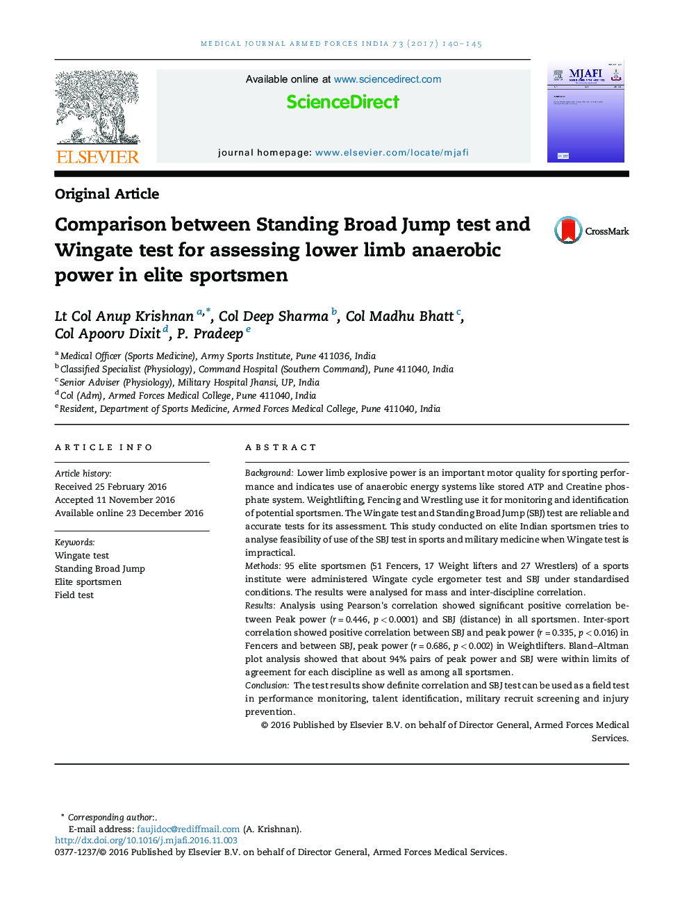 Comparison between Standing Broad Jump test and Wingate test for assessing lower limb anaerobic power in elite sportsmen