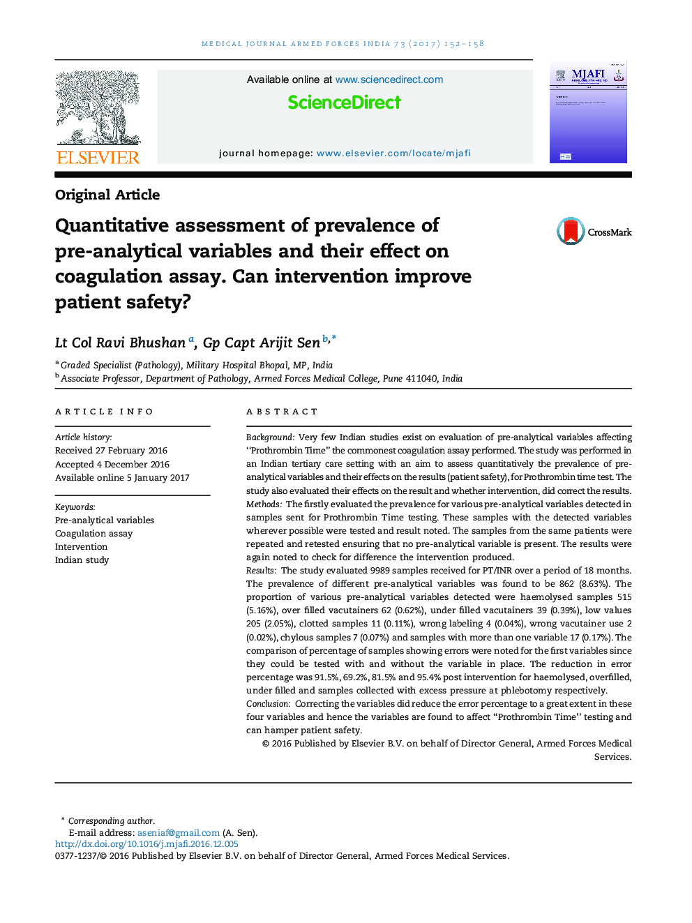 Quantitative assessment of prevalence of pre-analytical variables and their effect on coagulation assay. Can intervention improve patient safety?