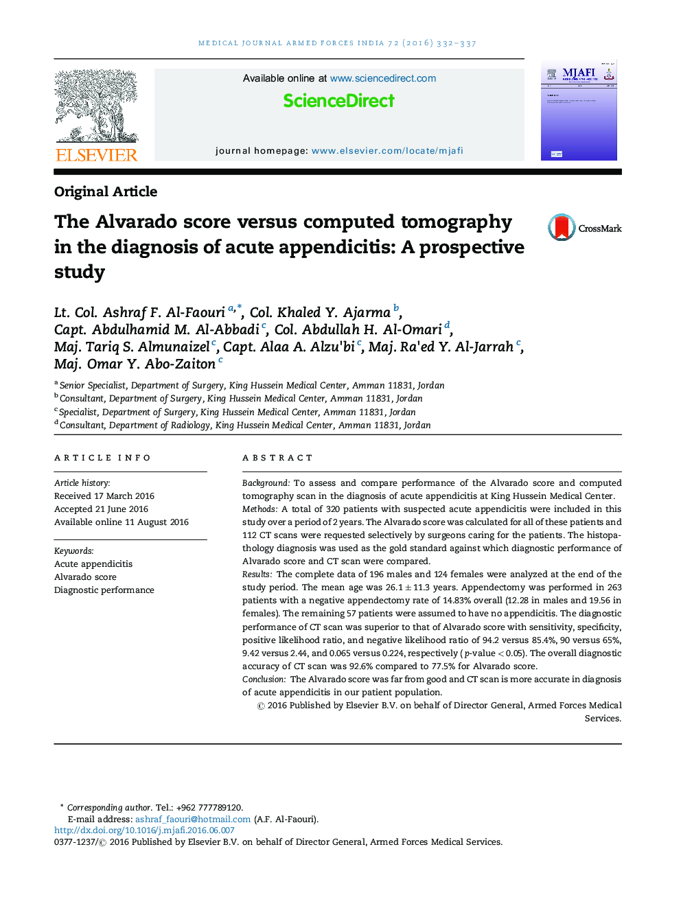 The Alvarado score versus computed tomography in the diagnosis of acute appendicitis: A prospective study