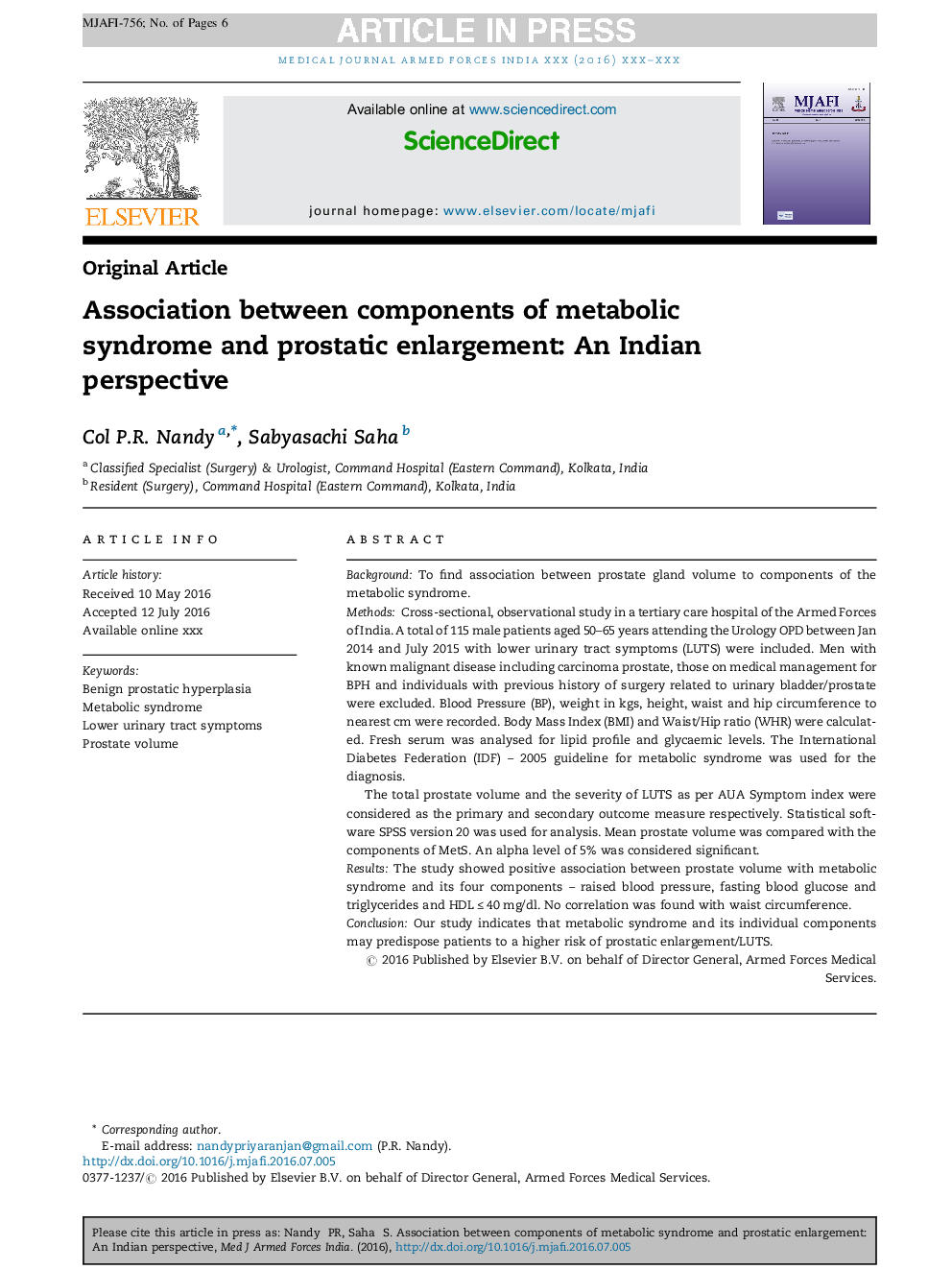 Association between components of metabolic syndrome and prostatic enlargement: An Indian perspective