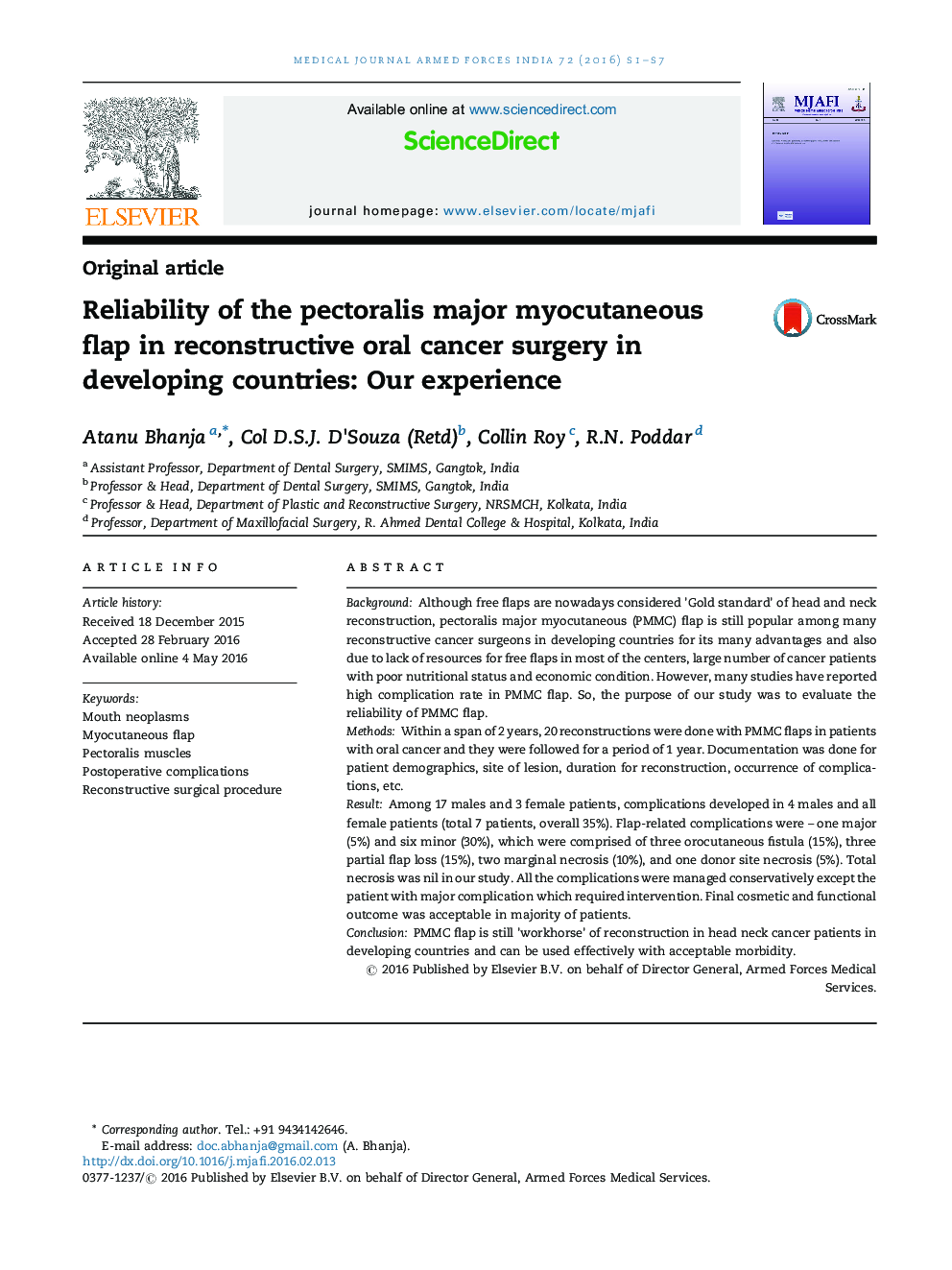 Reliability of the pectoralis major myocutaneous flap in reconstructive oral cancer surgery in developing countries: Our experience