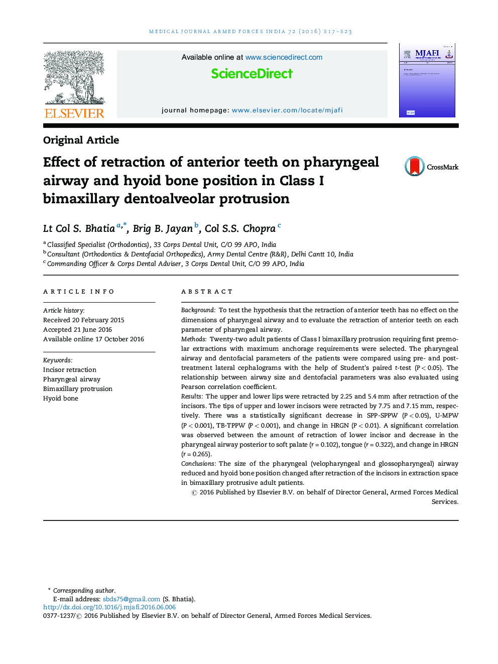 Effect of retraction of anterior teeth on pharyngeal airway and hyoid bone position in Class I bimaxillary dentoalveolar protrusion