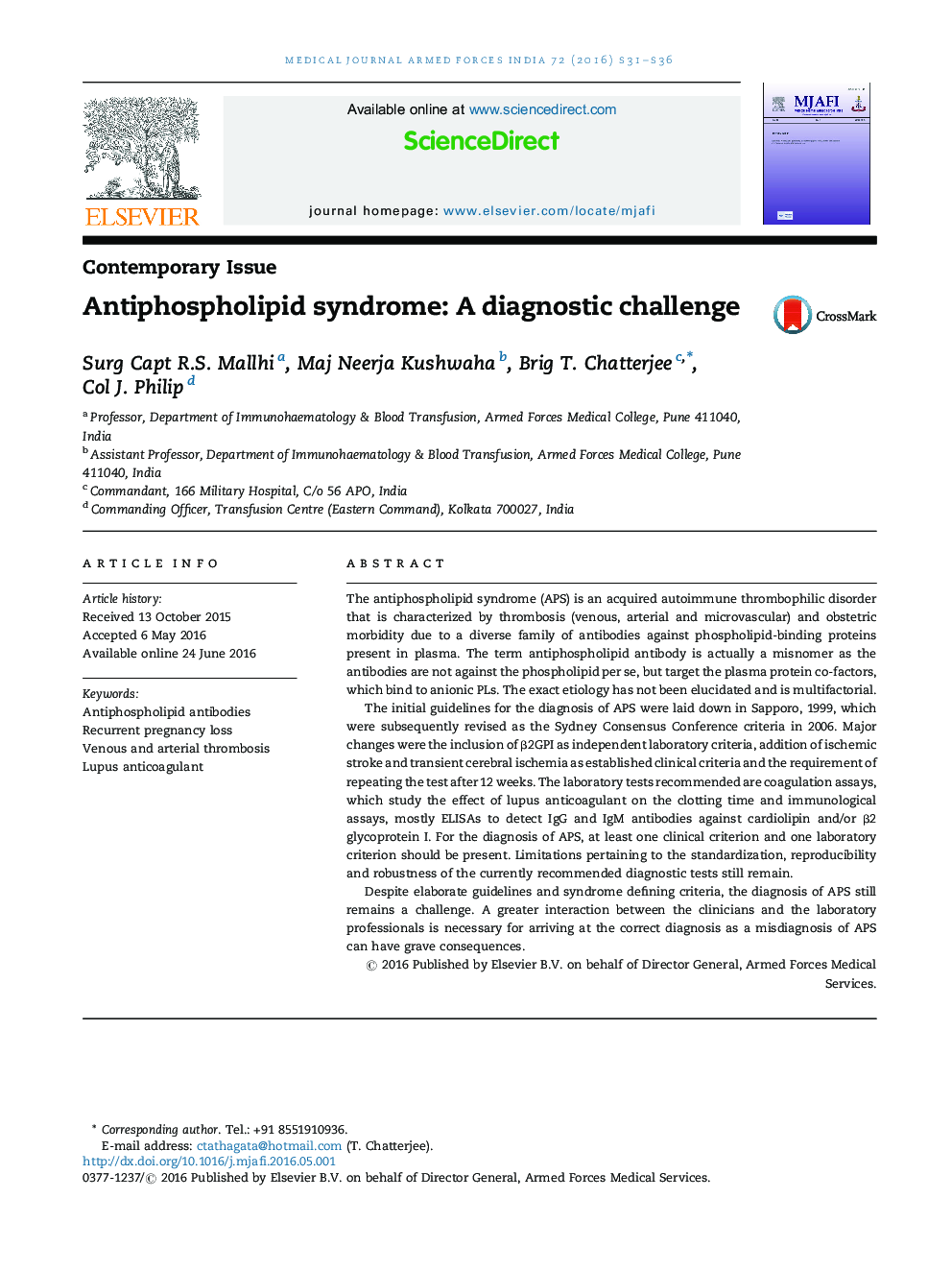 Antiphospholipid syndrome: A diagnostic challenge