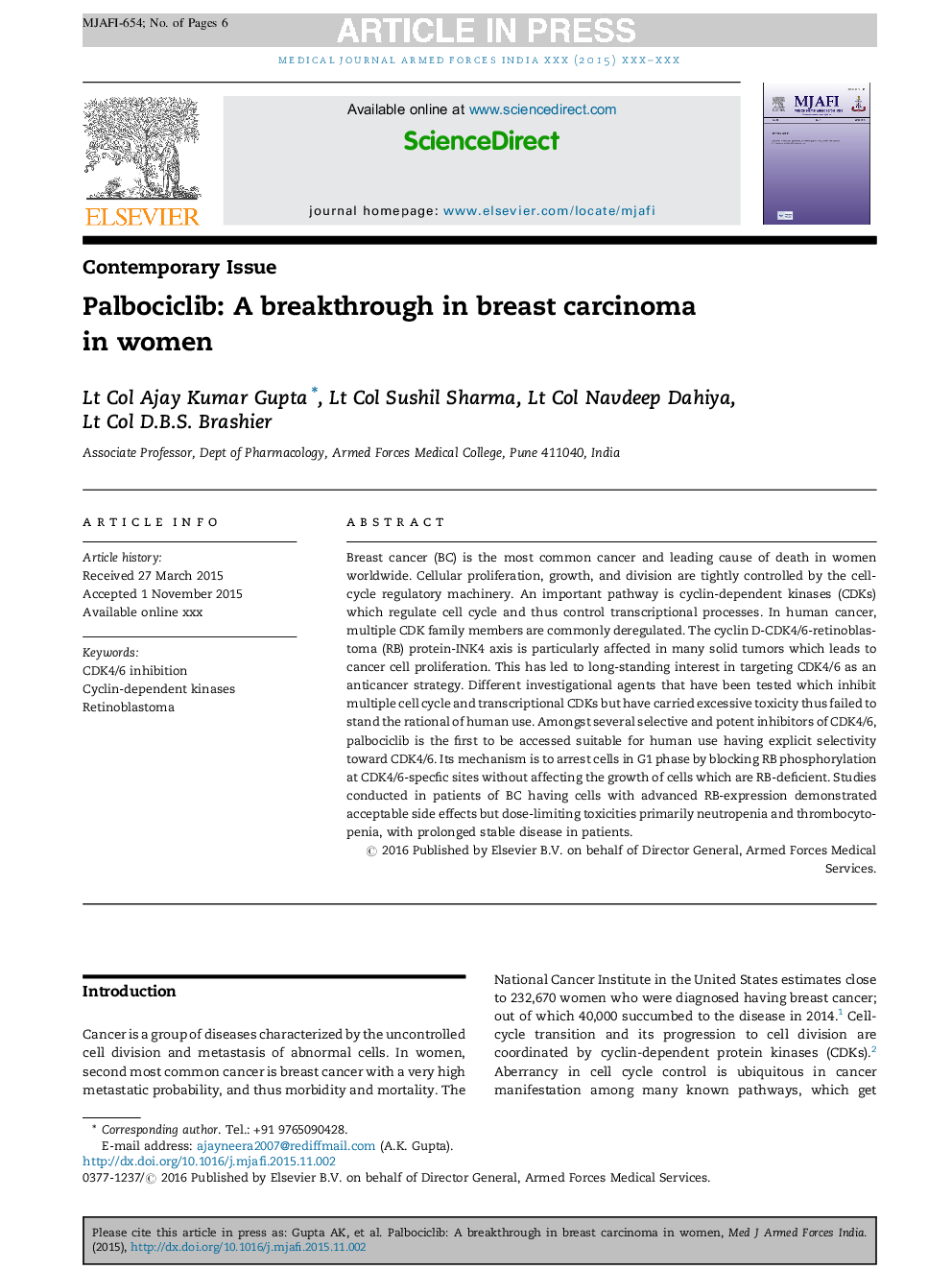 Palbociclib: A breakthrough in breast carcinoma in women