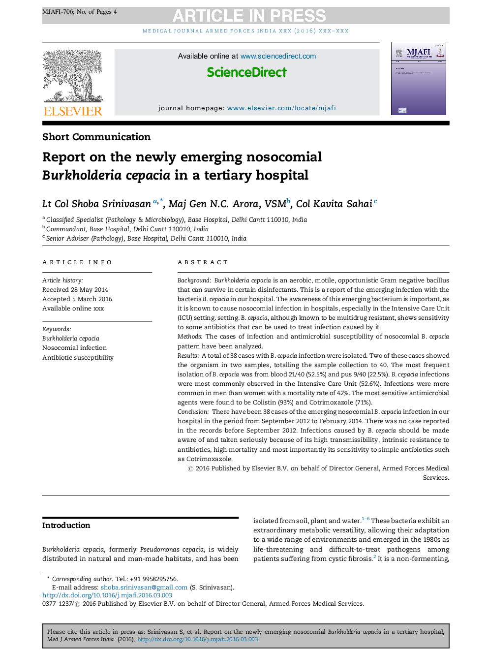 Report on the newly emerging nosocomial Burkholderia cepacia in a tertiary hospital