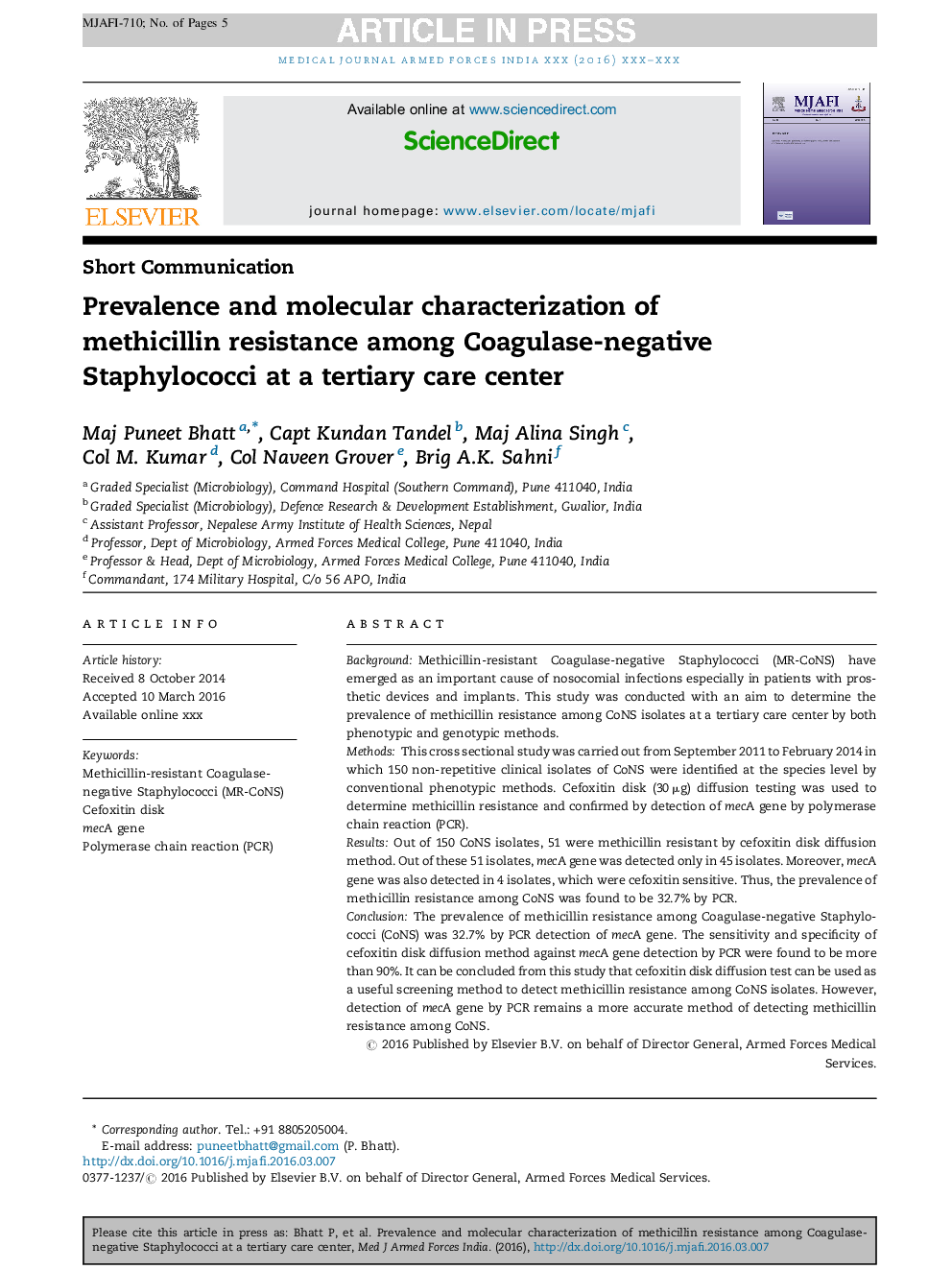 Prevalence and molecular characterization of methicillin resistance among Coagulase-negative Staphylococci at a tertiary care center