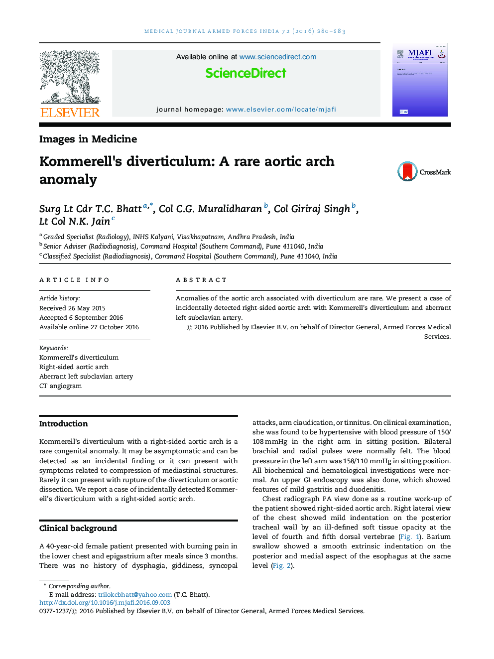 Kommerell's diverticulum: A rare aortic arch anomaly