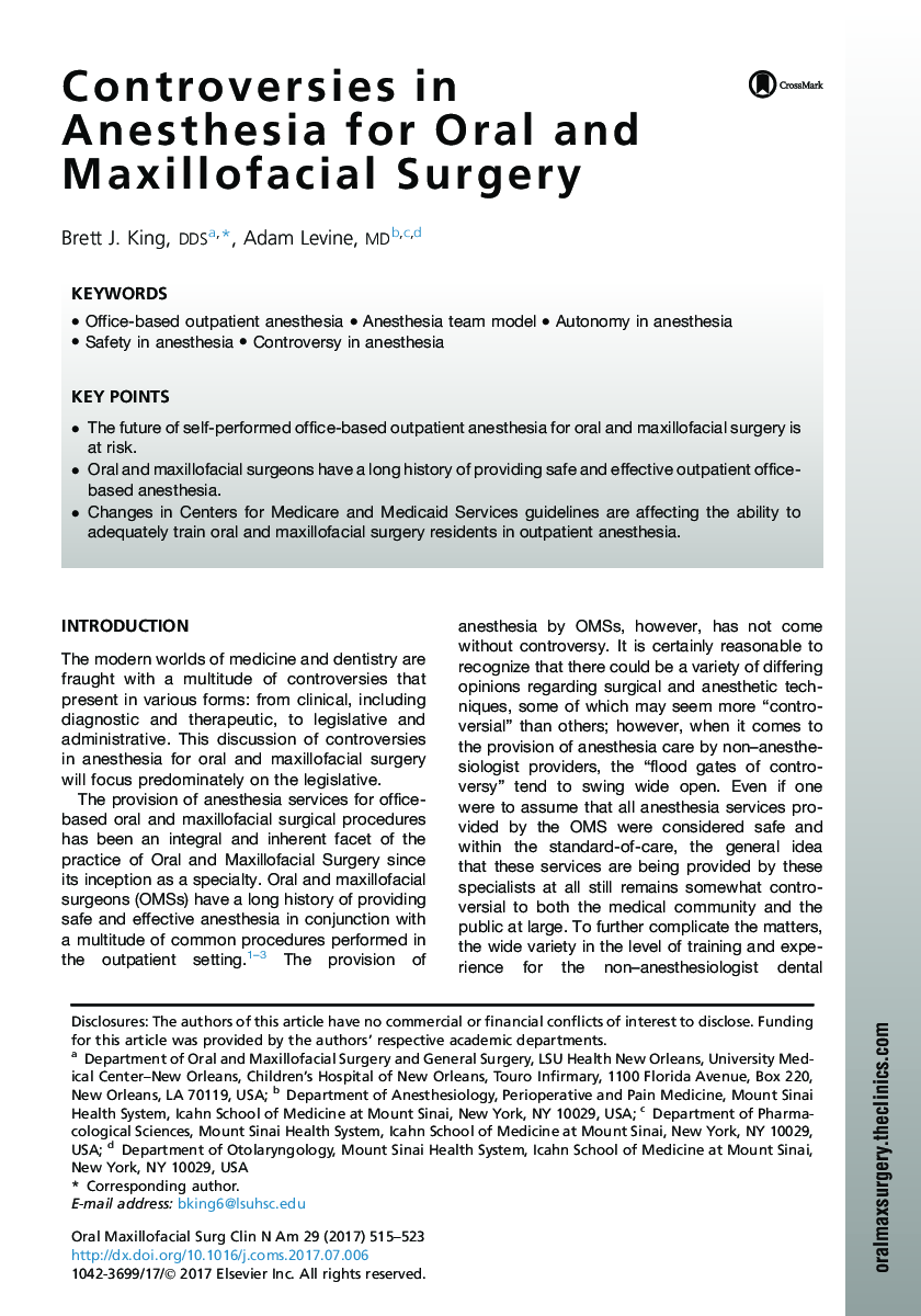 Controversies in Anesthesia for Oral and Maxillofacial Surgery