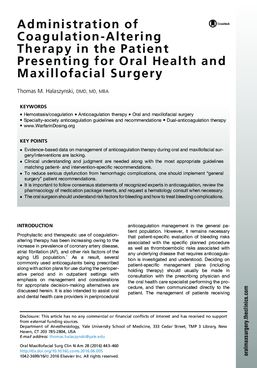 Administration of Coagulation-Altering Therapy in the Patient Presenting for Oral Health and Maxillofacial Surgery