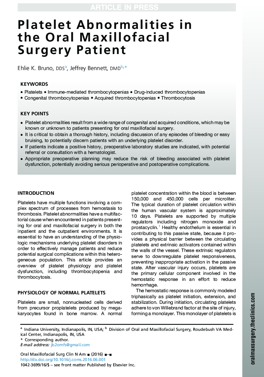 Platelet Abnormalities in the Oral Maxillofacial Surgery Patient