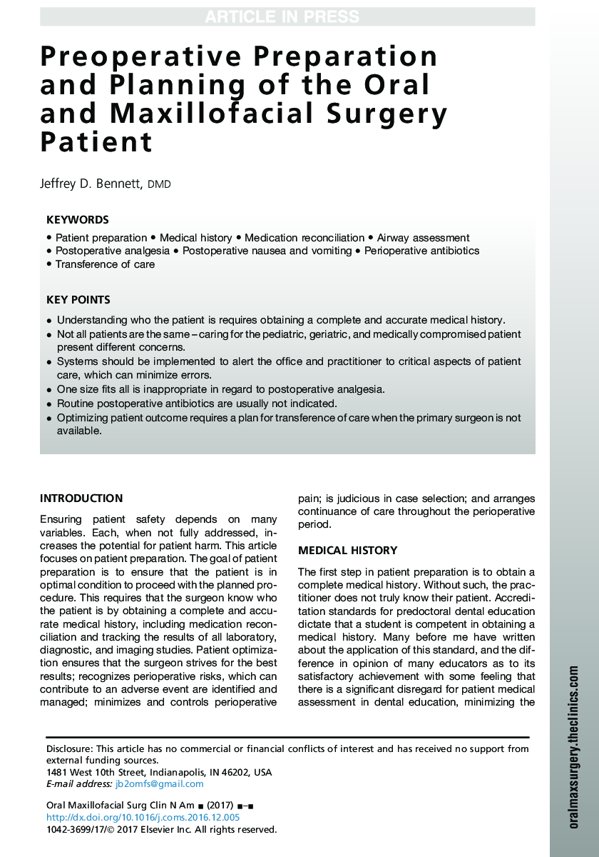 Preoperative Preparation and Planning of the Oral and Maxillofacial Surgery Patient
