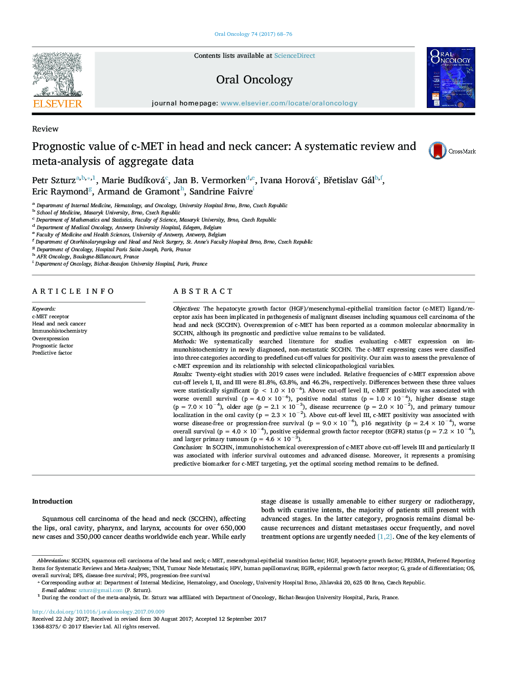 Prognostic value of c-MET in head and neck cancer: A systematic review and meta-analysis of aggregate data