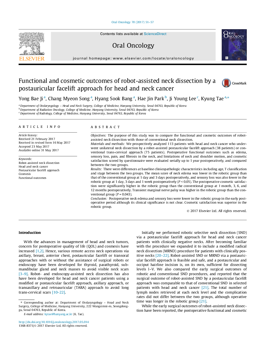 Functional and cosmetic outcomes of robot-assisted neck dissection by a postauricular facelift approach for head and neck cancer