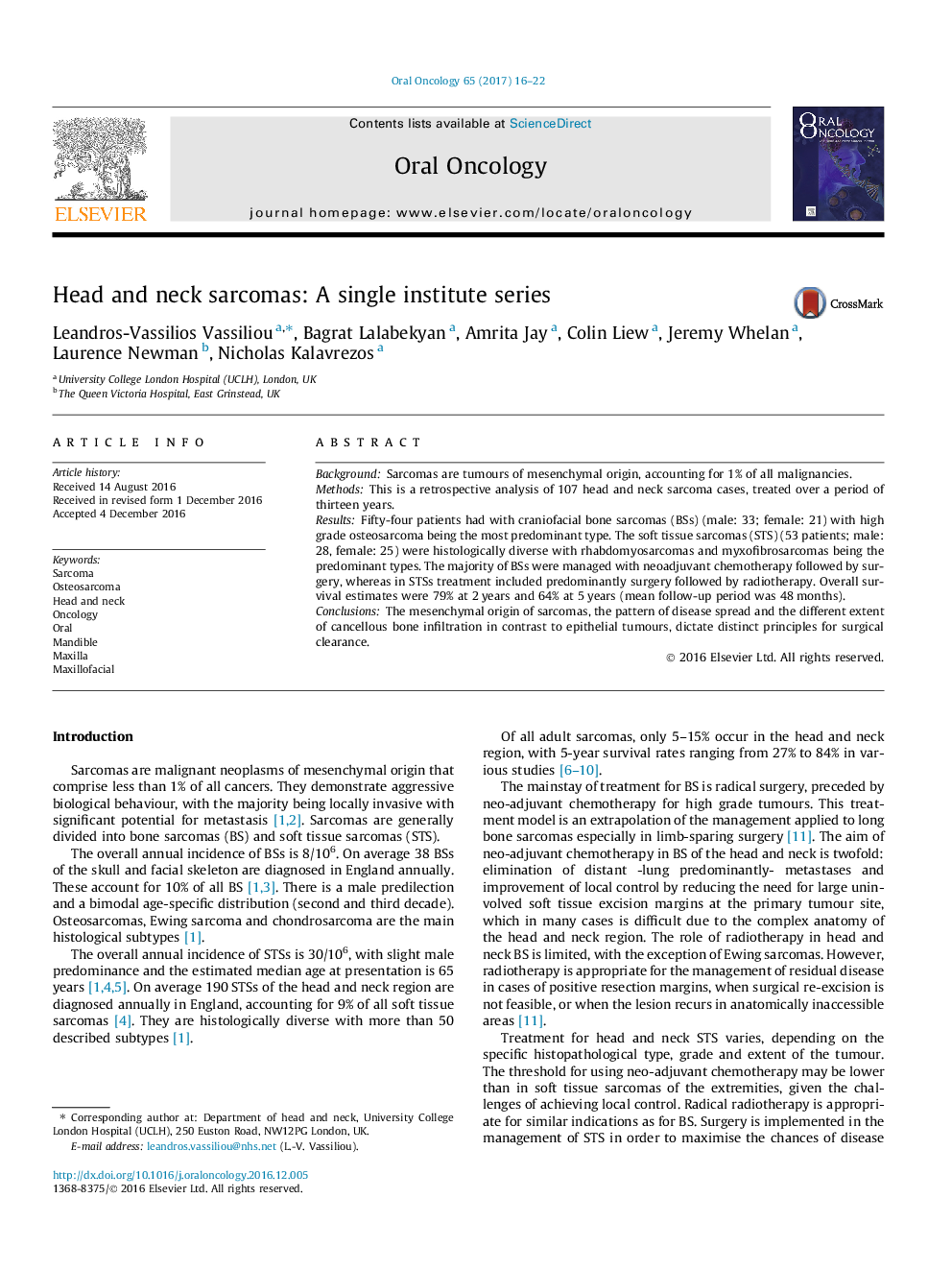 Head and neck sarcomas: A single institute series