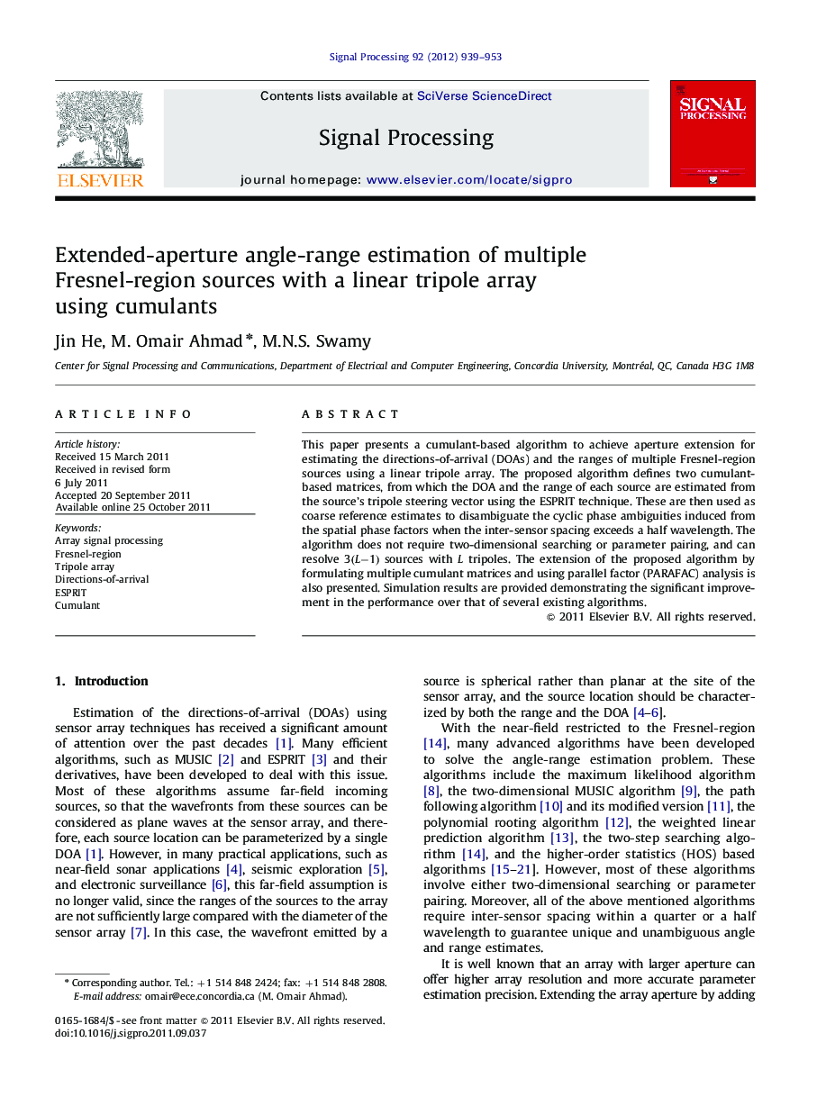 Extended-aperture angle-range estimation of multipleFresnel-region sources with a linear tripole array using cumulants