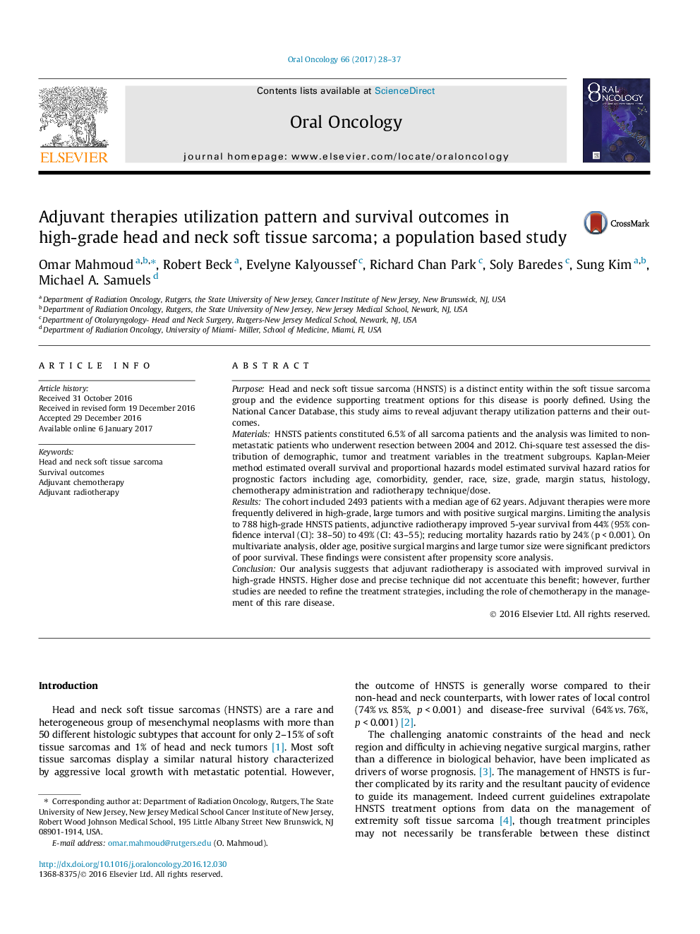 Adjuvant therapies utilization pattern and survival outcomes in high-grade head and neck soft tissue sarcoma; a population based study