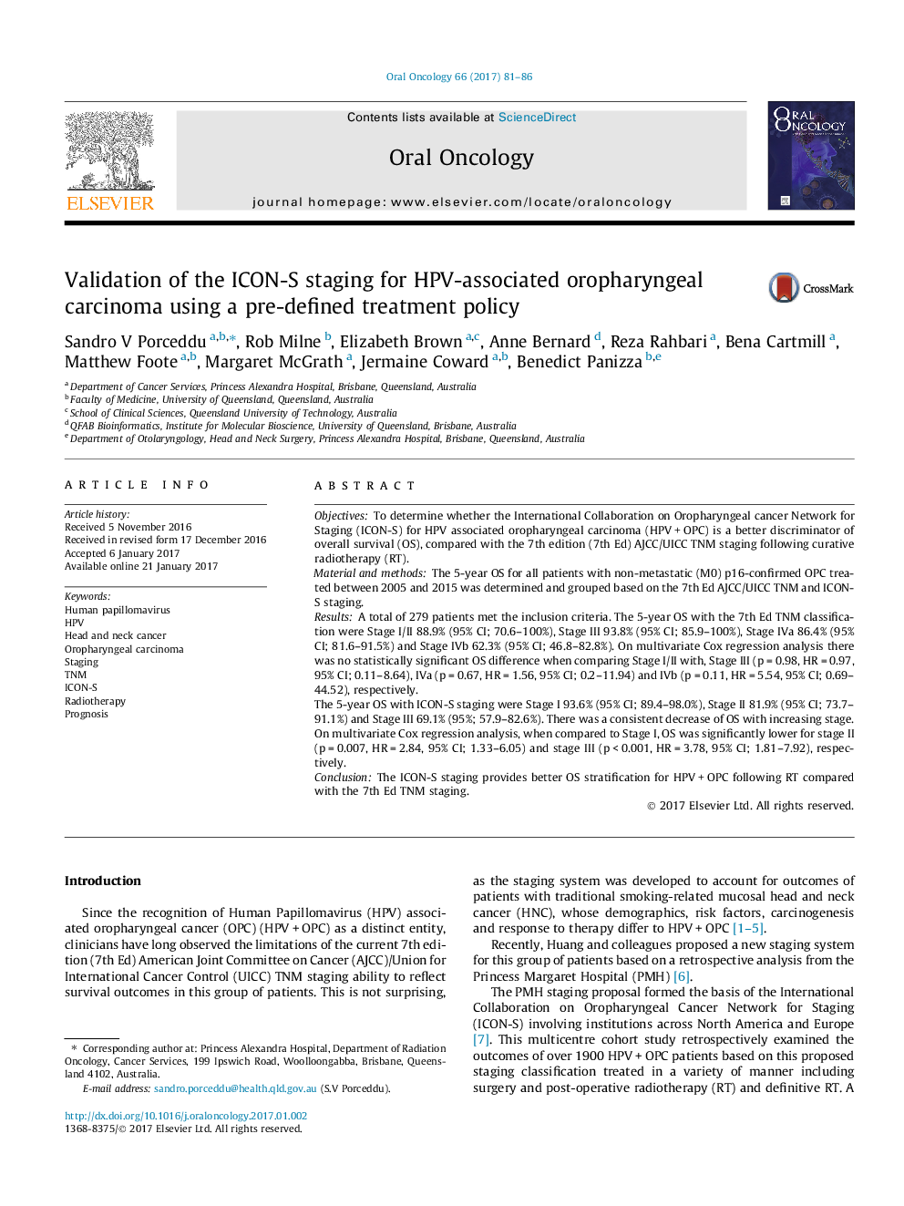 Validation of the ICON-S staging for HPV-associated oropharyngeal carcinoma using a pre-defined treatment policy